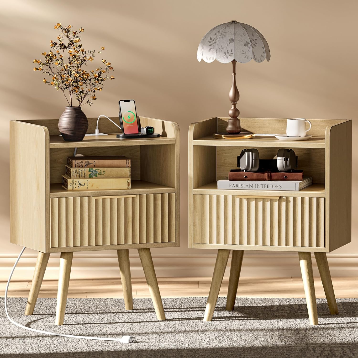 Huuger Nightstand with Charging Station, USB-C Port, Fluted Night Stand Set of 2, Bed Side Table with Drawer, Solid Wood Feet, Open Storage, End Table with Raised Edge, for Bedroom, Walnut