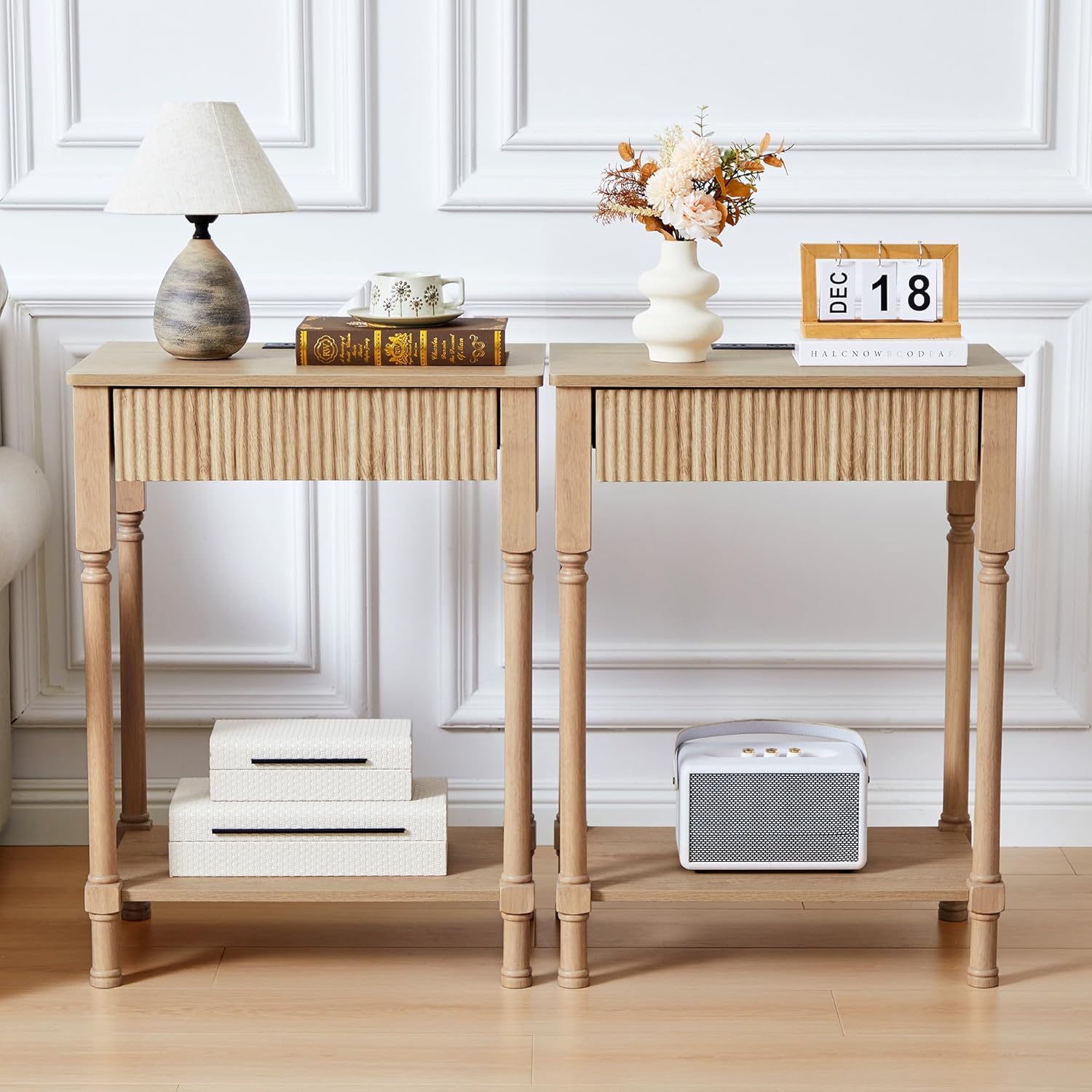 Fluted Nightstand Set of 2 with Charging Station, Modern Bed Side Table End Table with Drawer Storage, Large Wooden Night Stands Bedside for Bedroom Living Room Sofa Office, Walnut 2 Sets