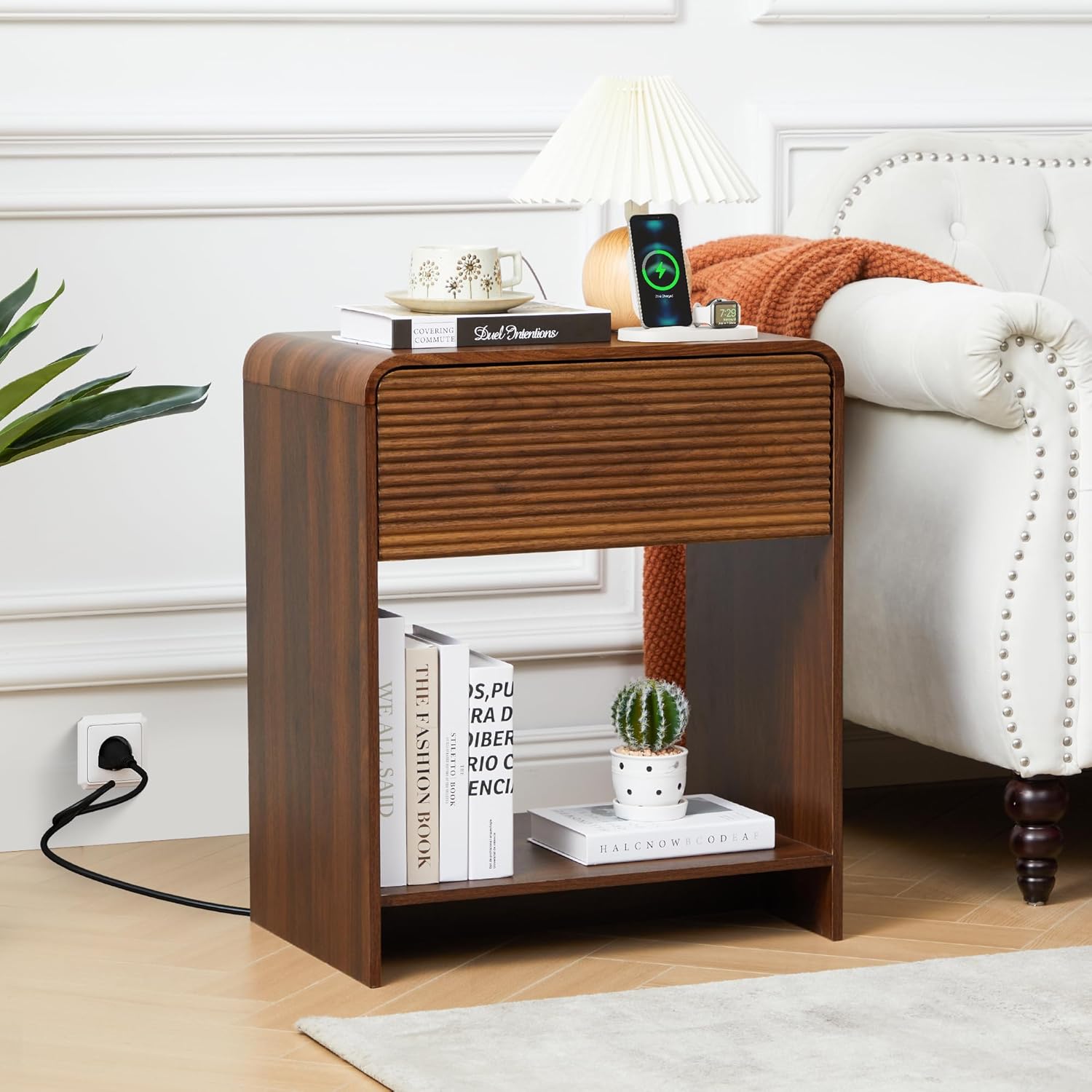 Fluted Nightstand Set of 2 with Charging Station, Modern Bed Side Table End Table with Drawer Storage, Large Wooden Night Stands Bedside for Bedroom Living Room Sofa Office, Walnut 2 Sets