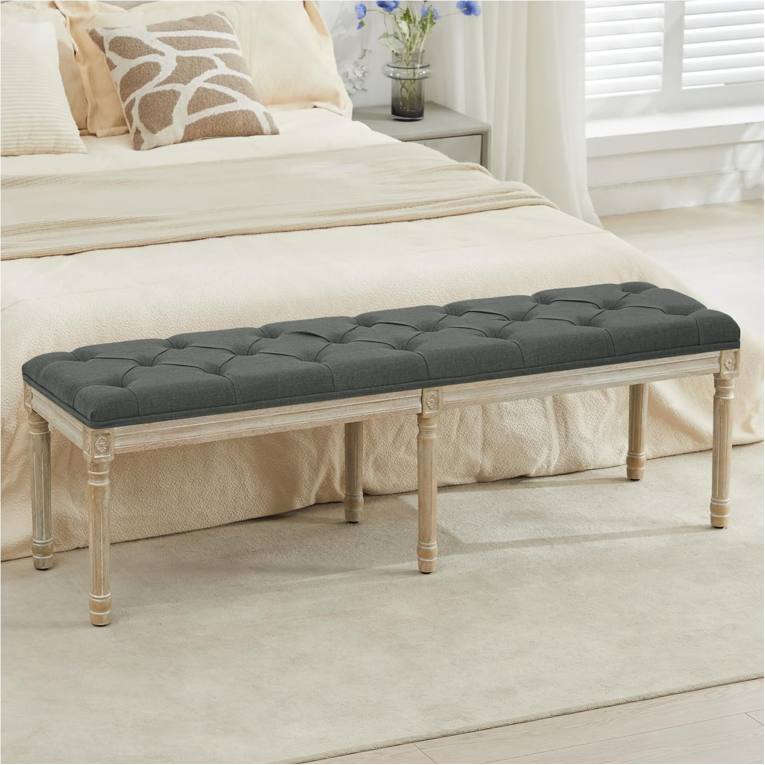 LOULENS French Vintage Bench, Linen Fabric Entryway Bench, Upholstered Tufted End of Bed Bench with Brushed Wood Legs, White