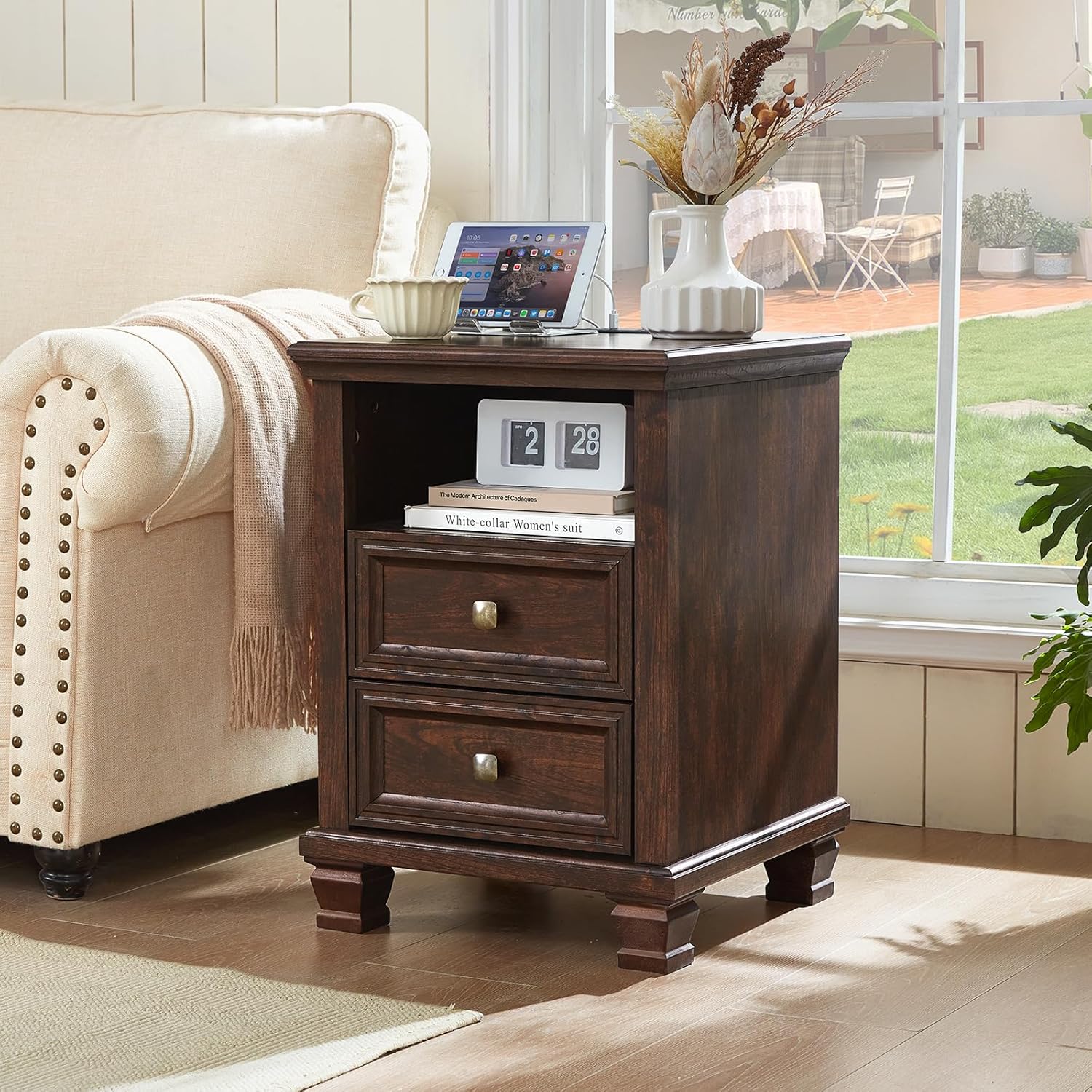 Farmhouse Nightstand Set of 2 with Charging Station, Rustic Brown Nightstand, 2 Drawers End Table, Bedside Table with Open Shelf for Bedroom, Walnut
