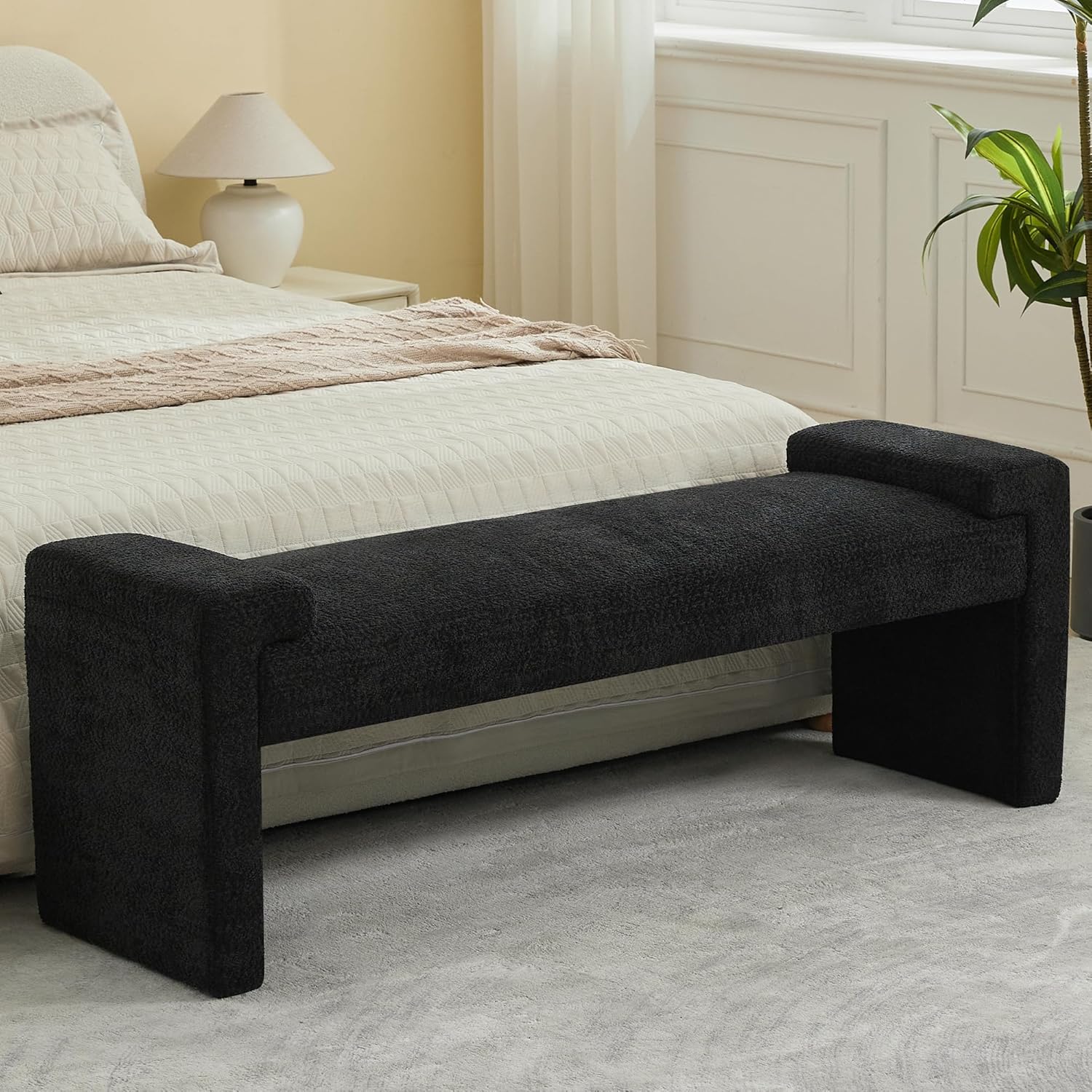 58.7" Linen End of Bed Bench Upholstered Modern Bedroom Bench for Living Room & Entryway, Easy Assembly, Footrest Ottoman Accent Window Bench with Solid Wood Frame & Curved Arm, Tan