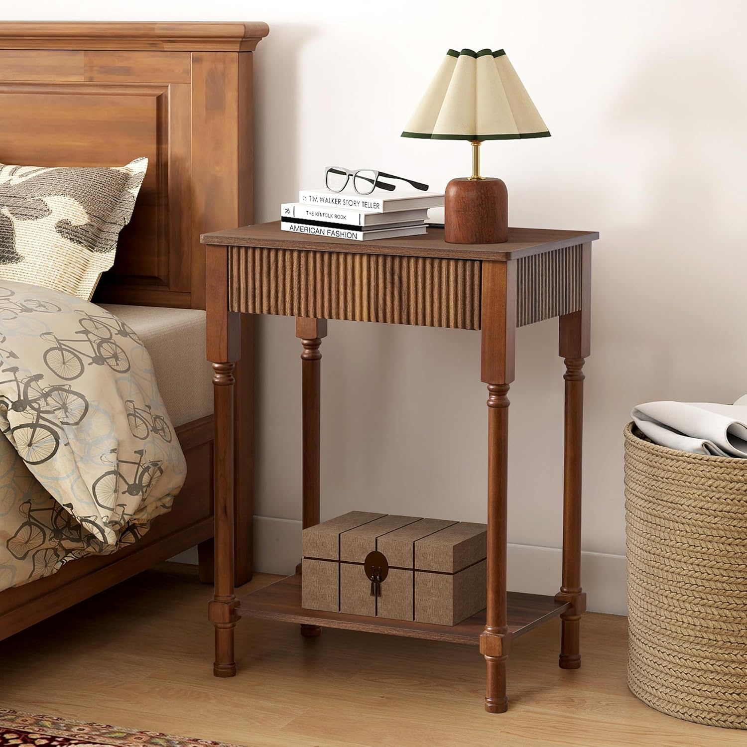 Fluted Nightstand Set of 2 with Charging Station, Modern Bed Side Table End Table with Drawer Storage, Large Wooden Night Stands Bedside for Bedroom Living Room Sofa Office, Walnut 2 Sets