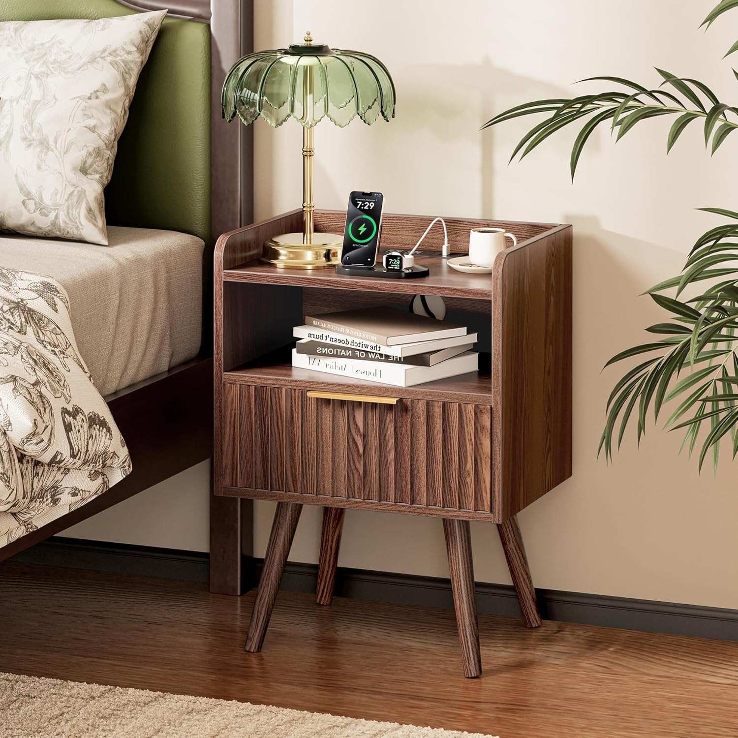 Huuger Nightstand with Charging Station, USB-C Port, Fluted Night Stand Set of 2, Bed Side Table with Drawer, Solid Wood Feet, Open Storage, End Table with Raised Edge, for Bedroom, Walnut