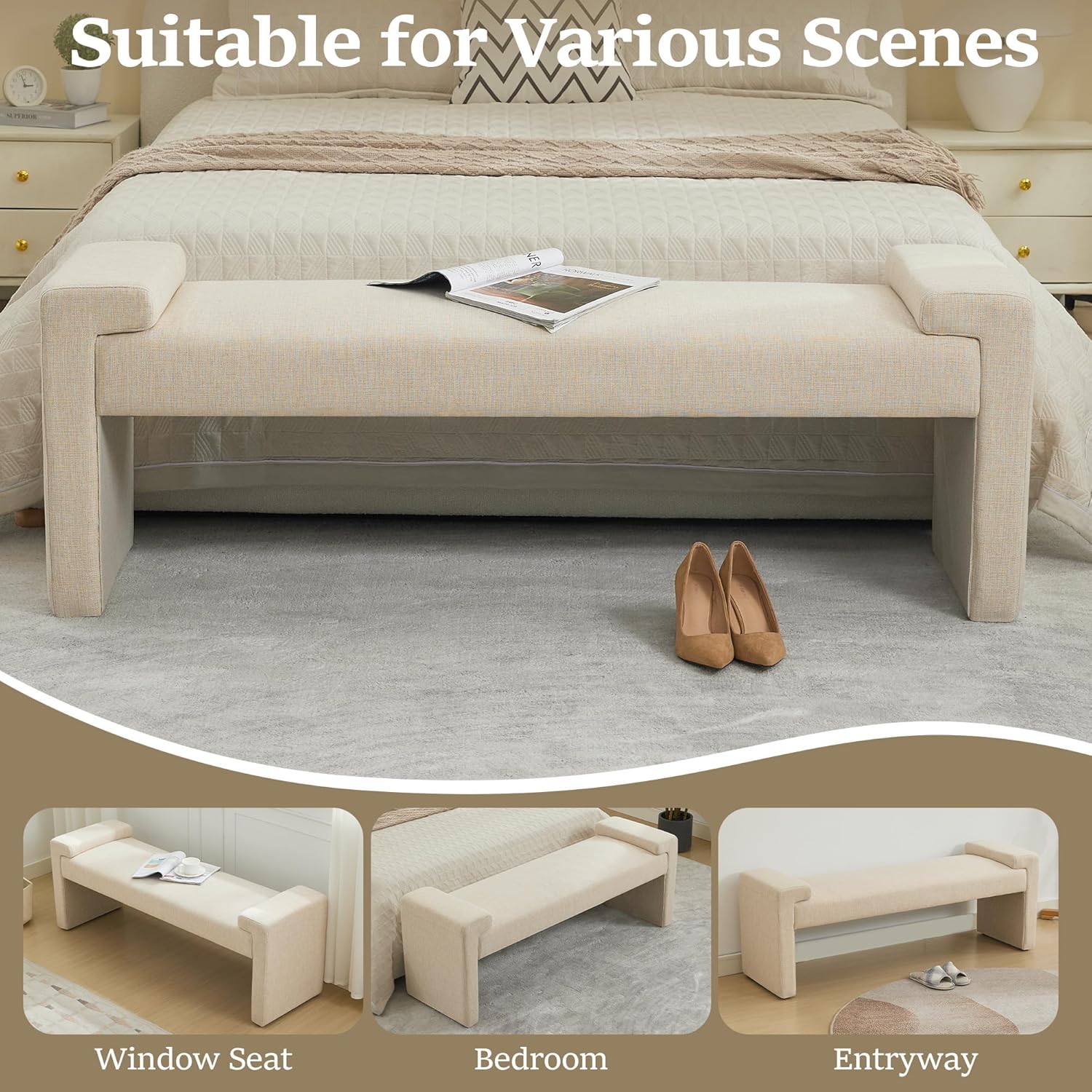 58.7" Linen End of Bed Bench Upholstered Modern Bedroom Bench for Living Room & Entryway, Easy Assembly, Footrest Ottoman Accent Window Bench with Solid Wood Frame & Curved Arm, Tan