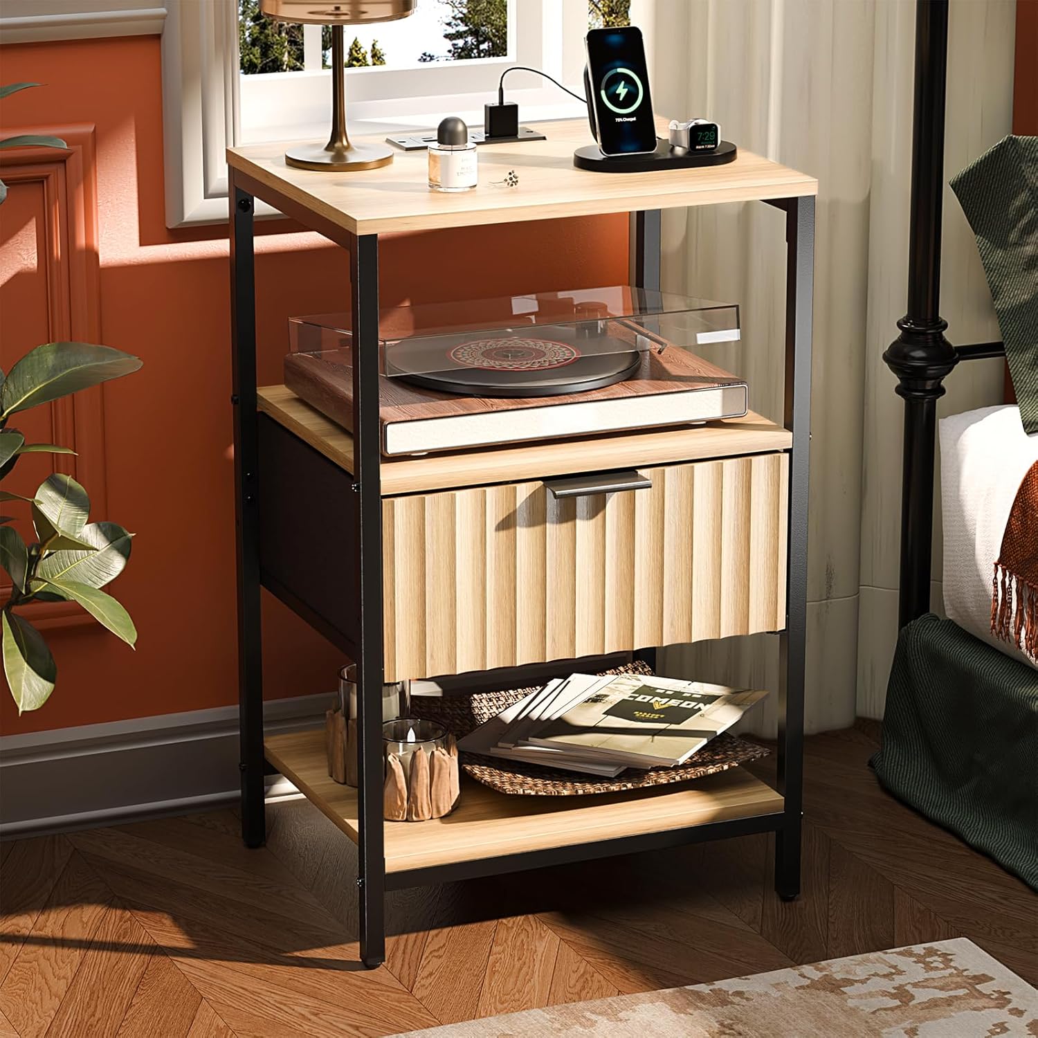 VINGLI Night Stand Set 2, Fluted Nightstands with Drawer, Mid Century Modern Nightstands Set of 2, Bedside Table, End Table, Wood Nightstand for Bedroom, Walnut, 15.75" W*11.81" D*21.85" H