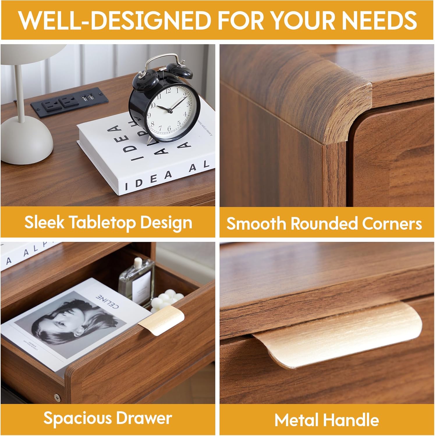 LEVNARY Compact Nightstand Set of 2, Mid-Century Modern Bedside Table with Charging Station and Curved Top Corners, Wooden Small End Table for Farmhouse Bedroom Living Room (2, Walnut)