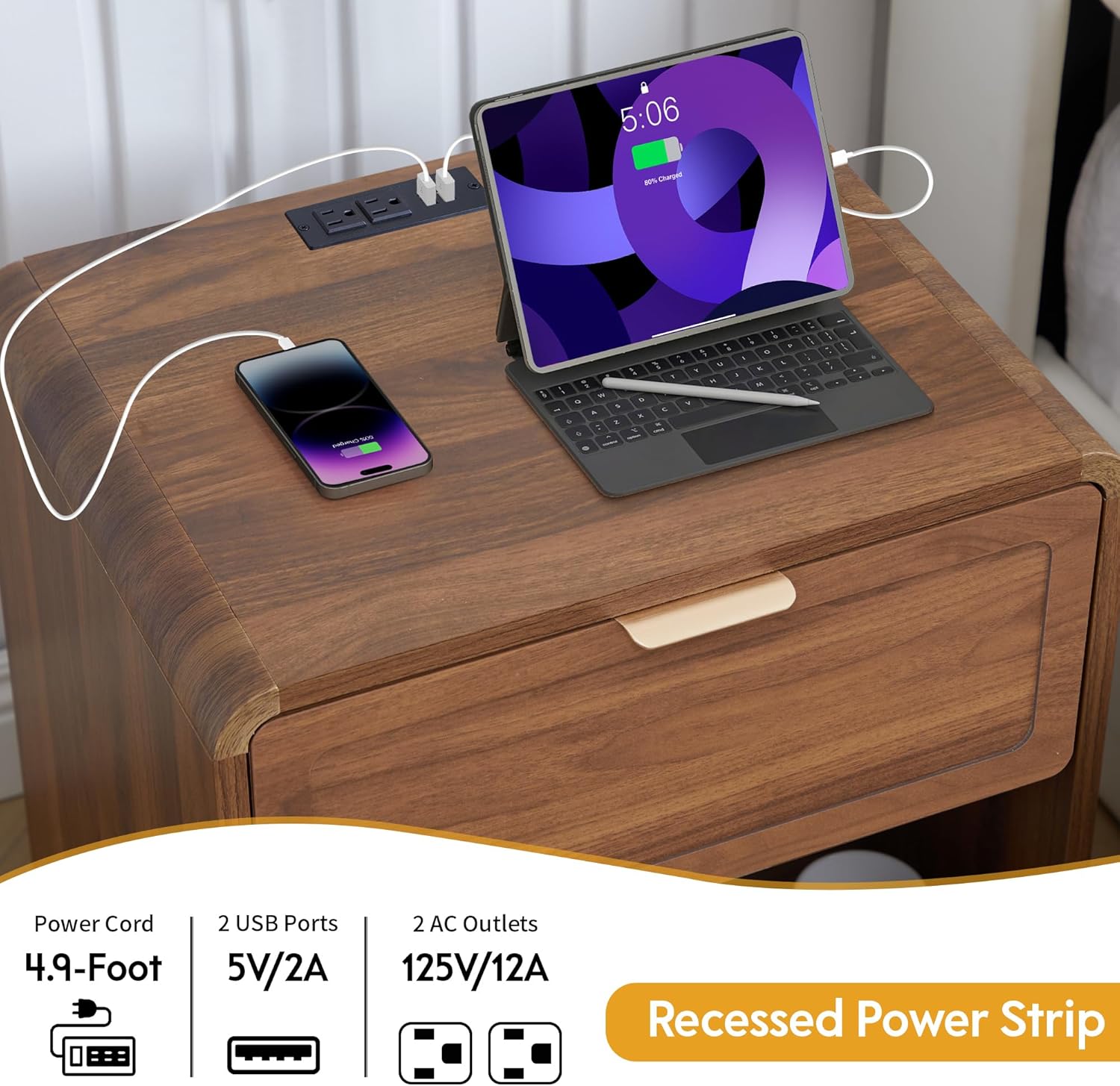 LEVNARY Compact Nightstand Set of 2, Mid-Century Modern Bedside Table with Charging Station and Curved Top Corners, Wooden Small End Table for Farmhouse Bedroom Living Room (2, Walnut)