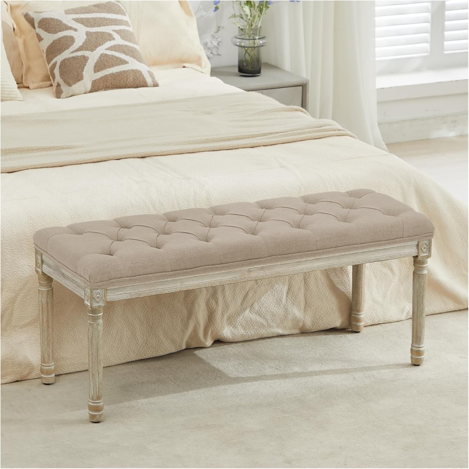 LOULENS French Vintage Bench, Linen Fabric Entryway Bench, Upholstered Tufted End of Bed Bench with Brushed Wood Legs, White