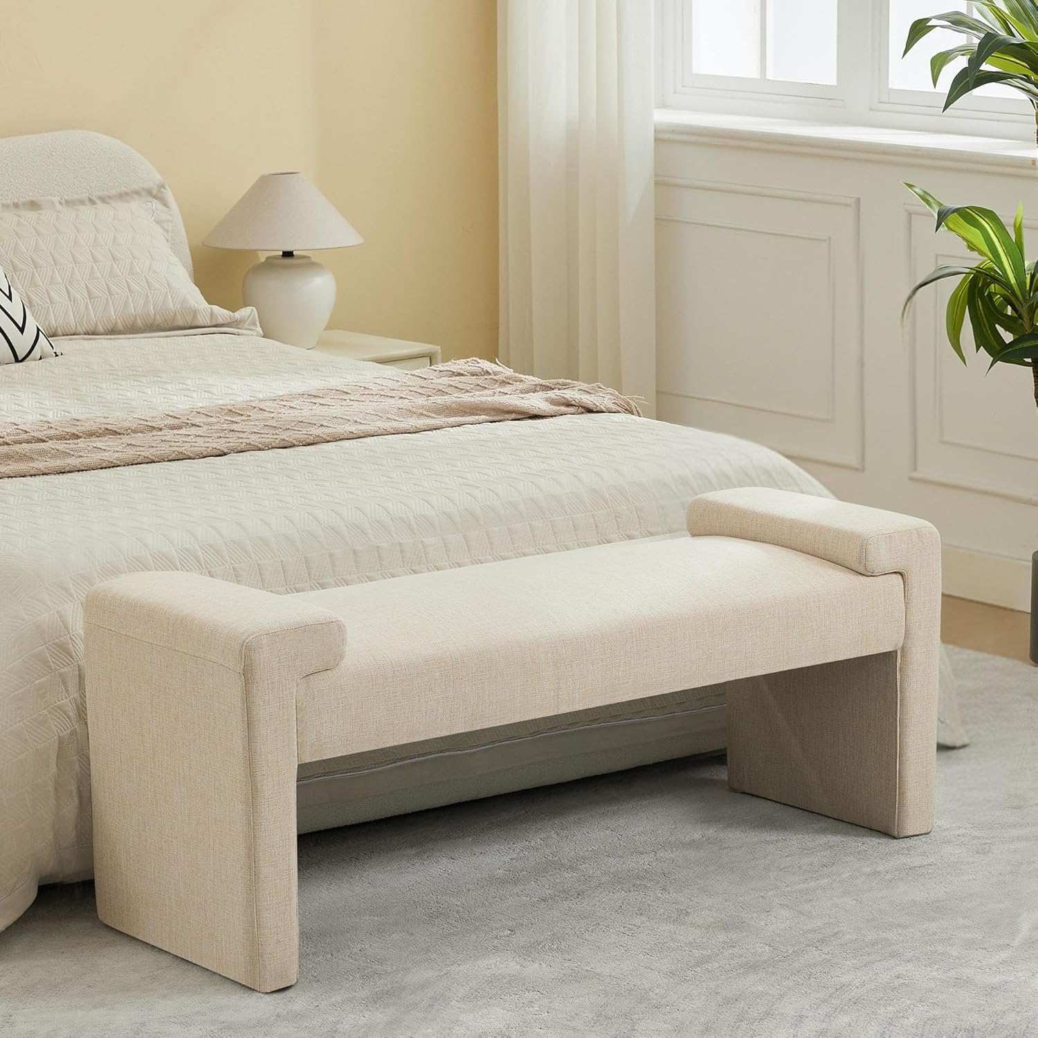 58.7" Linen End of Bed Bench Upholstered Modern Bedroom Bench for Living Room & Entryway, Easy Assembly, Footrest Ottoman Accent Window Bench with Solid Wood Frame & Curved Arm, Tan