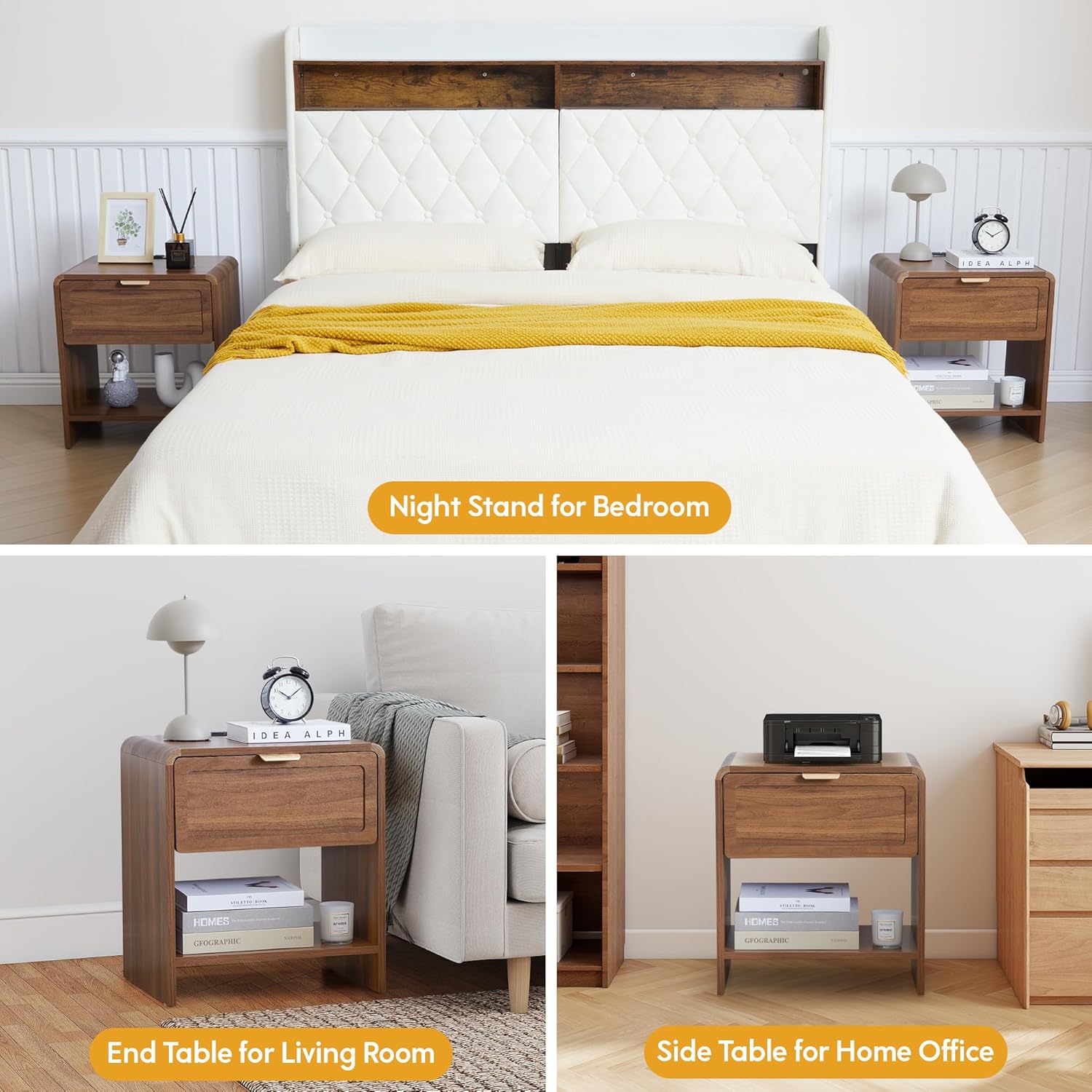 LEVNARY Compact Nightstand Set of 2, Mid-Century Modern Bedside Table with Charging Station and Curved Top Corners, Wooden Small End Table for Farmhouse Bedroom Living Room (2, Walnut)