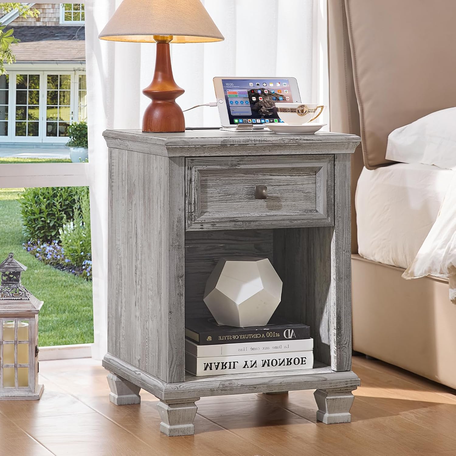 Farmhouse Nightstand Set of 2 with Charging Station, Rustic Brown Nightstand, 2 Drawers End Table, Bedside Table with Open Shelf for Bedroom, Walnut