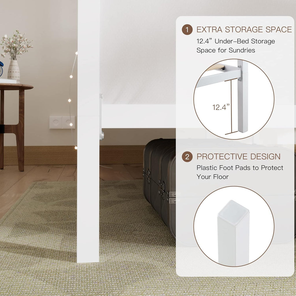 ikalido Queen Size Metal Canopy Bed Frame, Modern Four-Poster Platform Bed Frame, Mattress Foundation with Metal Slat Support/Under-Bed Storage Space/No Box Spring Needed/White