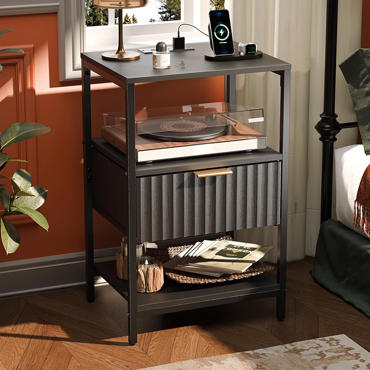 VINGLI Night Stand Set 2, Fluted Nightstands with Drawer, Mid Century Modern Nightstands Set of 2, Bedside Table, End Table, Wood Nightstand for Bedroom, Walnut, 15.75" W*11.81" D*21.85" H