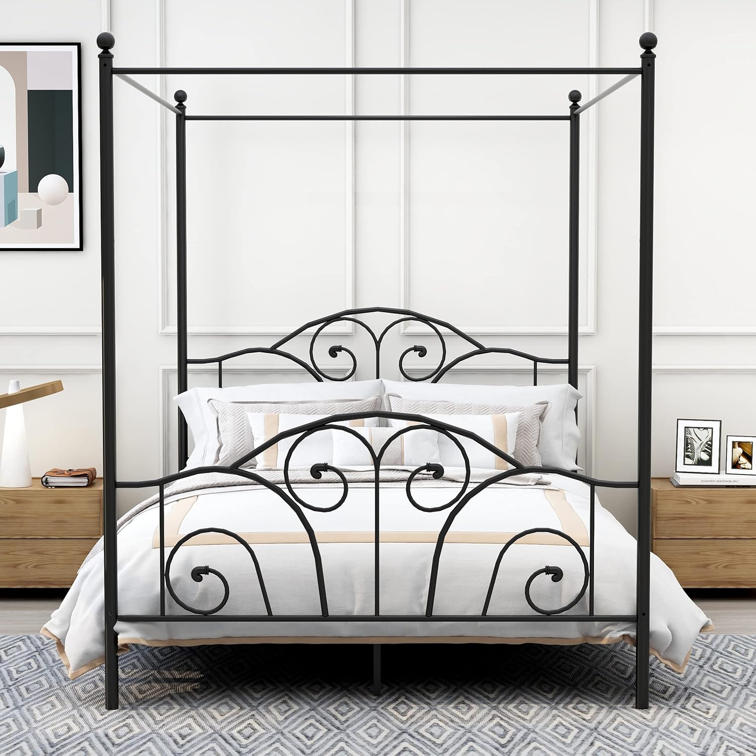 Queen Size Four-Poster Metal Canopy Bed Frame with Headboard and Footboard Sturdy Slatted Structure No Box Spring Needed Black