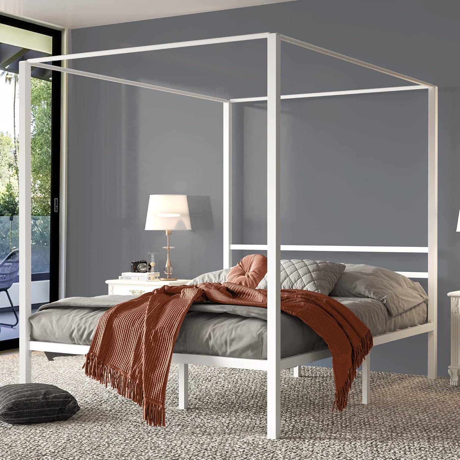 YITAHOME Canopy Bed Frame Metal Four Posters 14 Inch Platform with Built-in Headboard Strong Metal Slat Mattress Support, No Box Spring Needed, Black, Queen Size