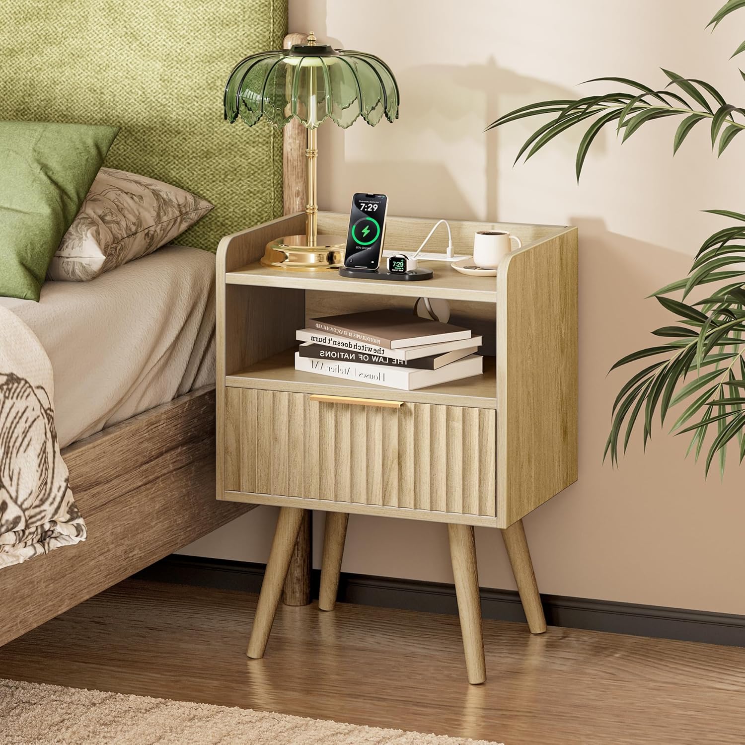 Huuger Nightstand with Charging Station, USB-C Port, Fluted Night Stand Set of 2, Bed Side Table with Drawer, Solid Wood Feet, Open Storage, End Table with Raised Edge, for Bedroom, Walnut