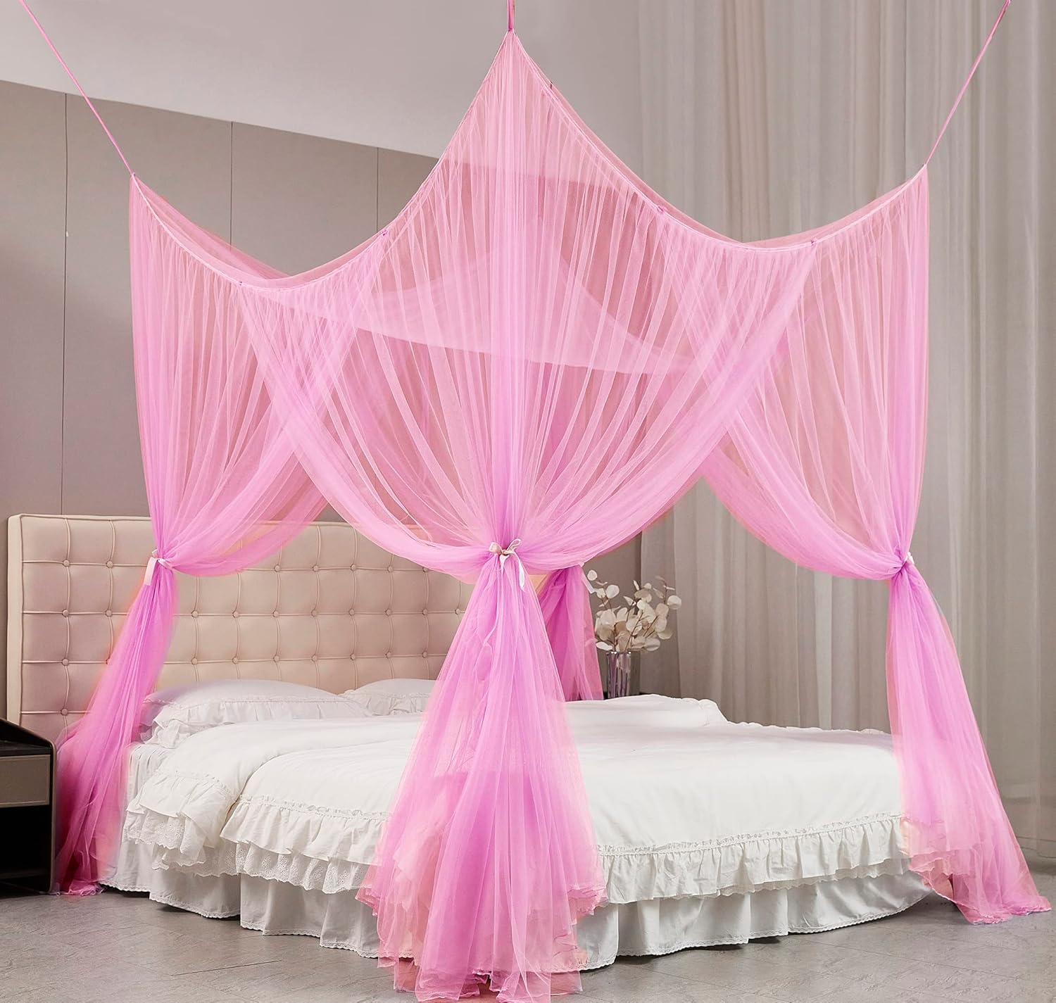 Mengersi 4 Corner Post Elegant Canopy Bed Curtains for Full Queen King Bed,Mosquito Net Suitable for Indoor Outdoor Net(Gray, L87xW79xH98 inch)