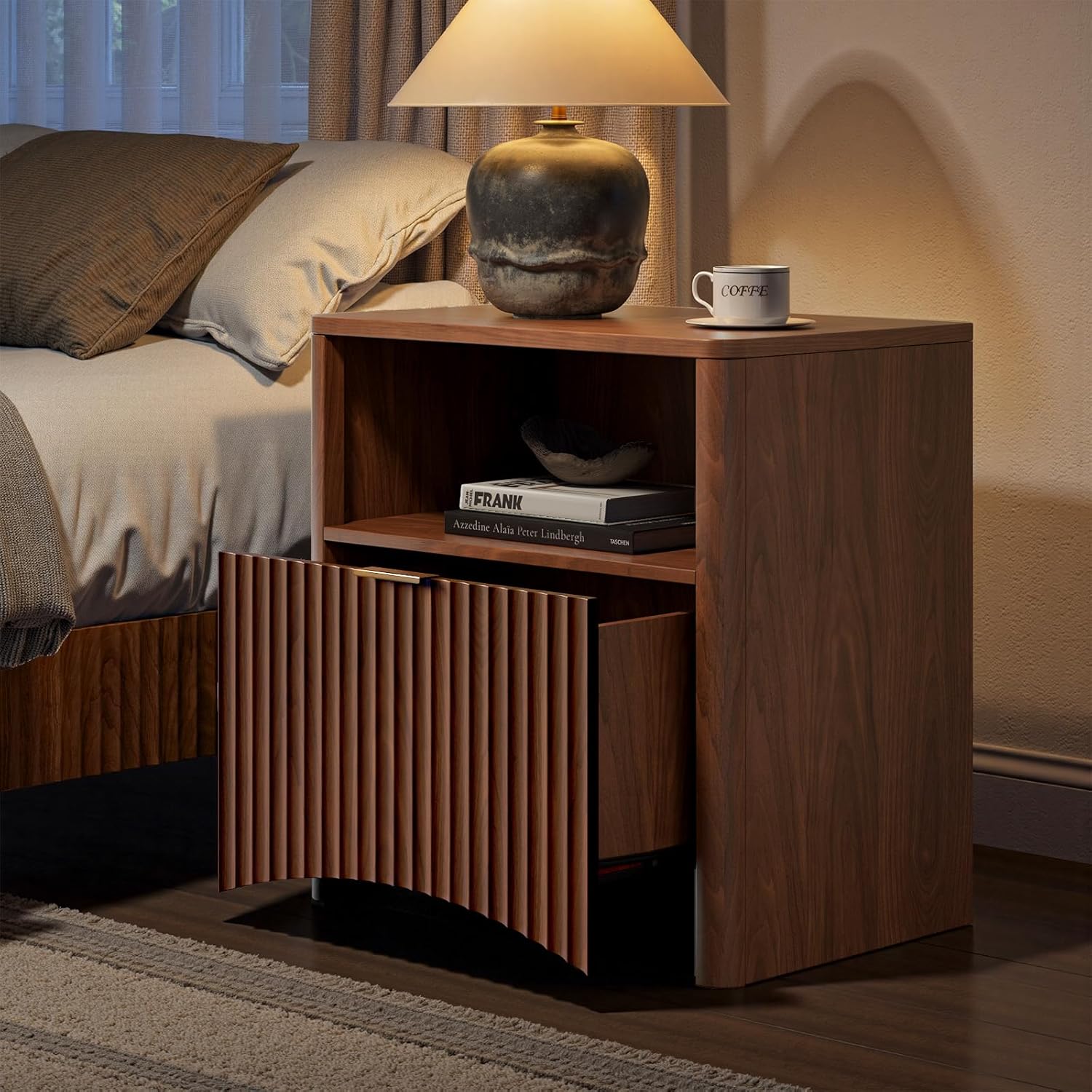 Evermagin Fluted Nightstand Set of 2, Walnut Bedside Table with Drawer and Storage, Wood End Table Mid Century Modern, Large Night Stand for Bedroom