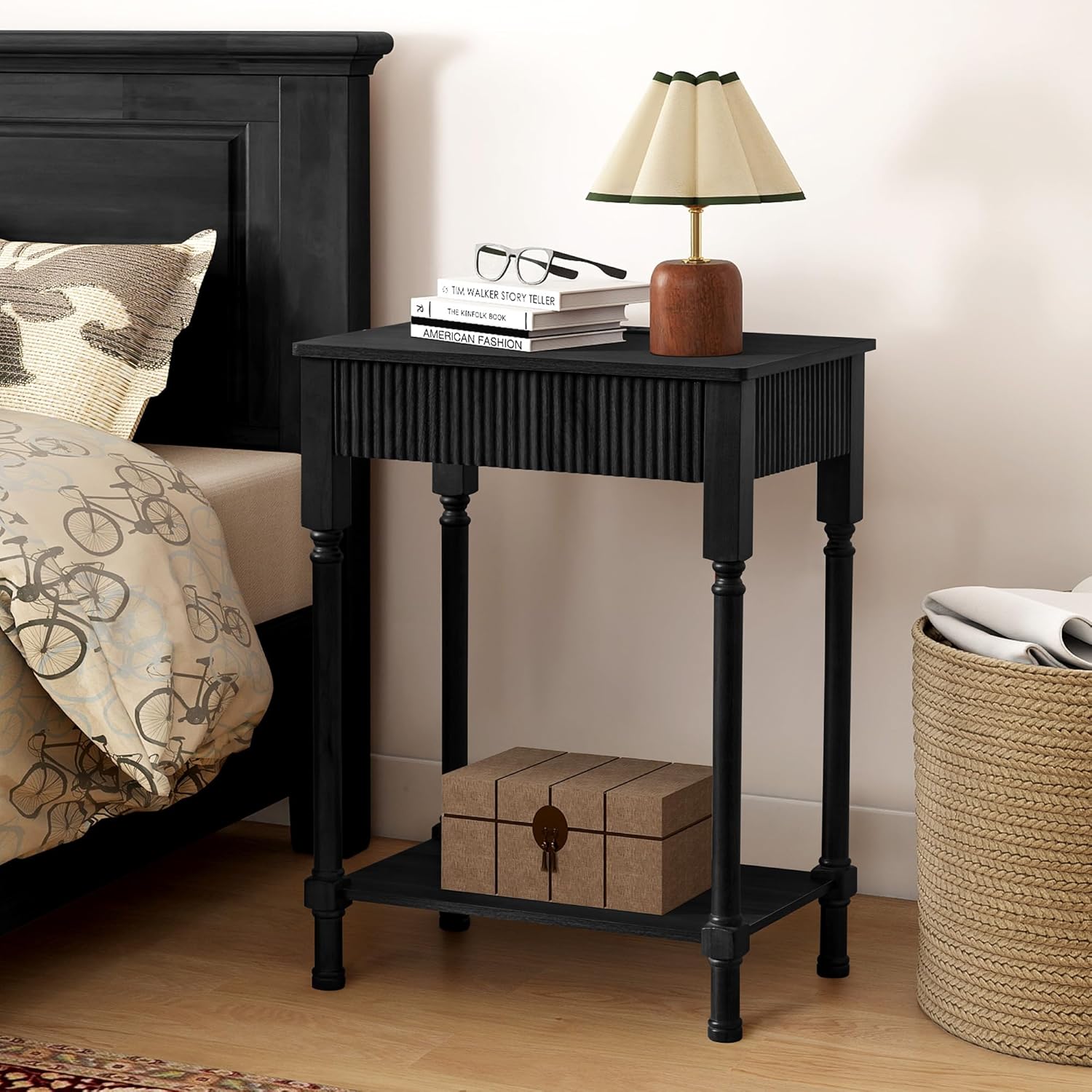 Fluted Nightstand Set of 2 with Charging Station, Modern Bed Side Table End Table with Drawer Storage, Large Wooden Night Stands Bedside for Bedroom Living Room Sofa Office, Walnut 2 Sets