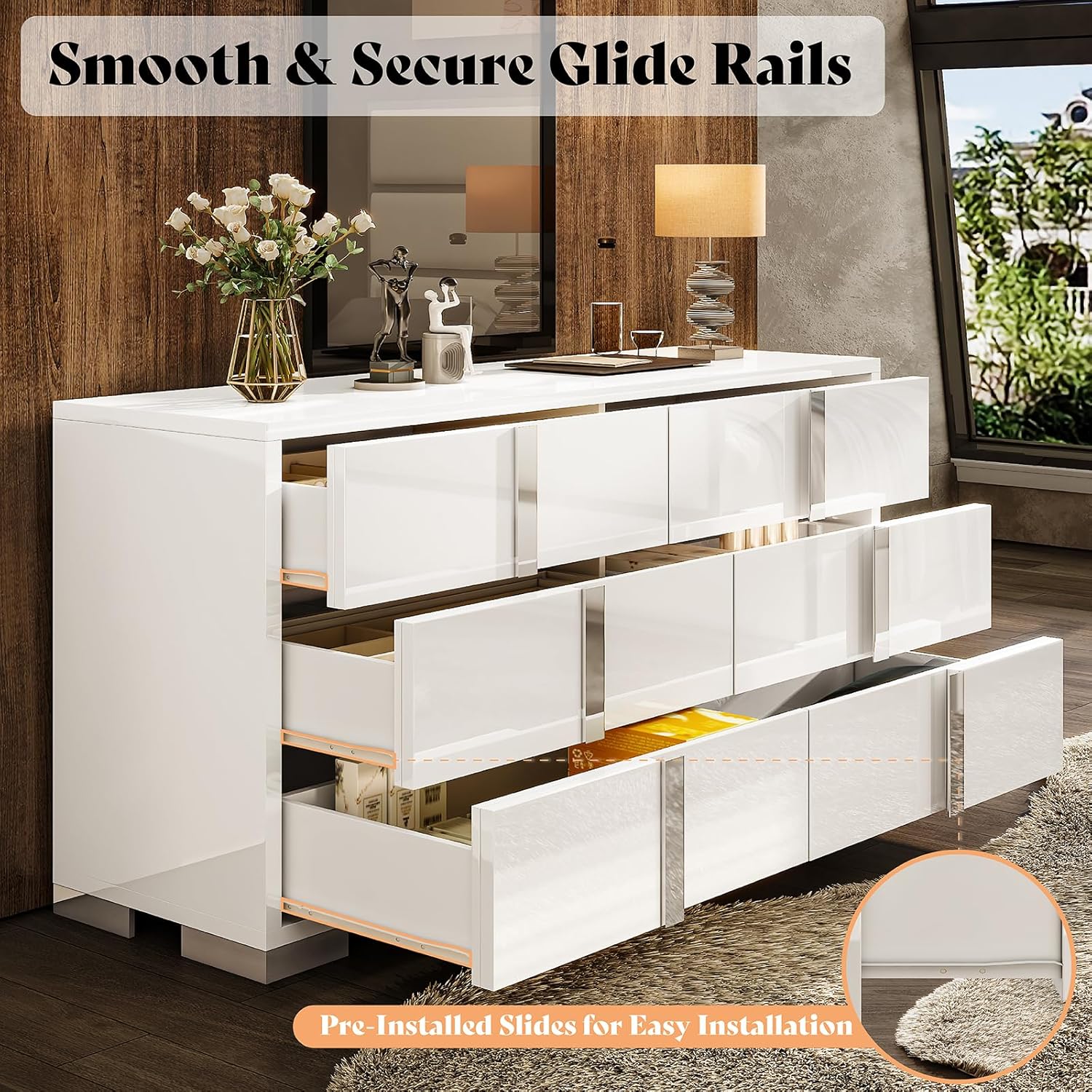 AMERLIFE 54" W High Gloss 6 Drawers Dressers with Silver Grooved Handles, Modern Storage Chest of Drawers with Wide Tabletop, for Bedroom/Dressing Room/Living Room, White