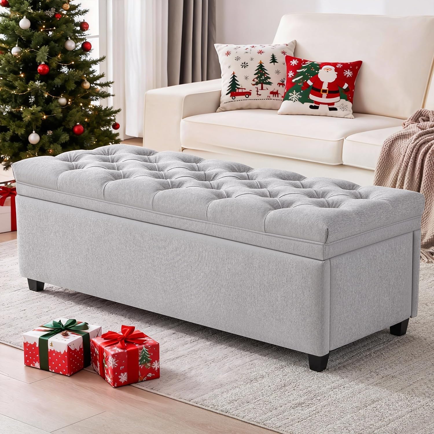 50" Storage Ottoman Bench, Tufted Ottoman with Storage for Living Room, Large End of Bed Ottomans, Modern Entryway Benchs, Window & Bedroom Benches for Foot of Bed (Beige)