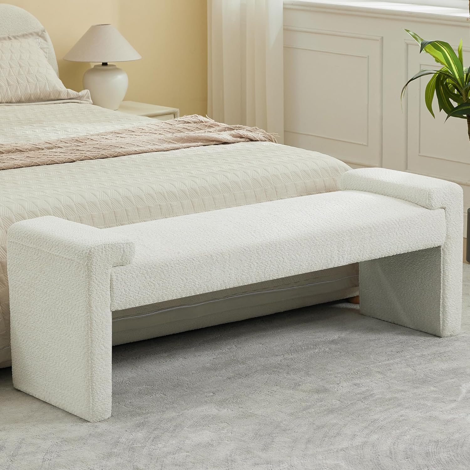 58.7" Linen End of Bed Bench Upholstered Modern Bedroom Bench for Living Room & Entryway, Easy Assembly, Footrest Ottoman Accent Window Bench with Solid Wood Frame & Curved Arm, Tan