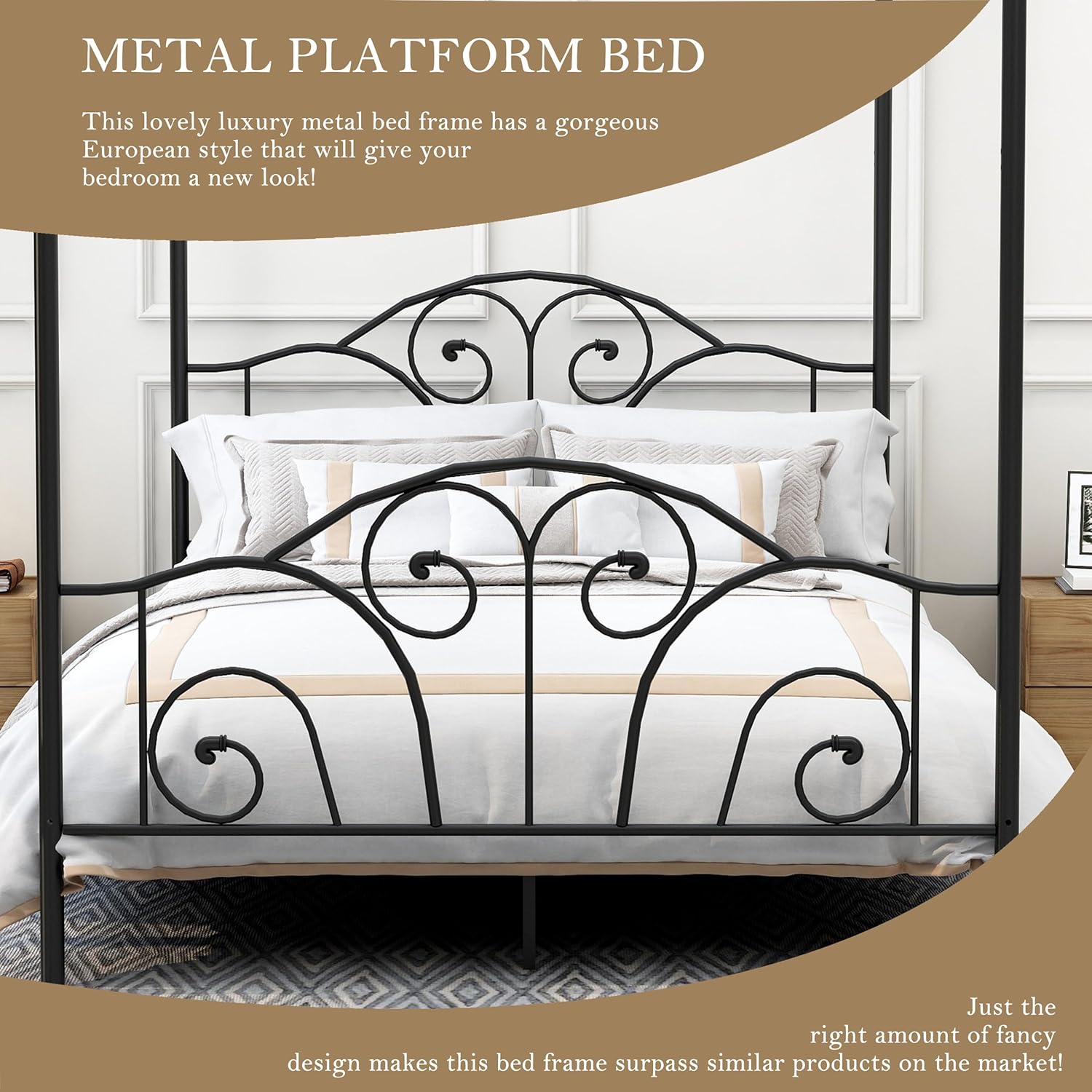 Queen Size Four-Poster Metal Canopy Bed Frame with Headboard and Footboard Sturdy Slatted Structure No Box Spring Needed Black