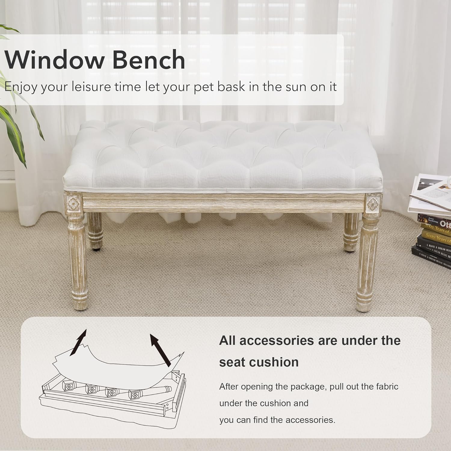 LOULENS French Vintage Bench, Linen Fabric Entryway Bench, Upholstered Tufted End of Bed Bench with Brushed Wood Legs, White