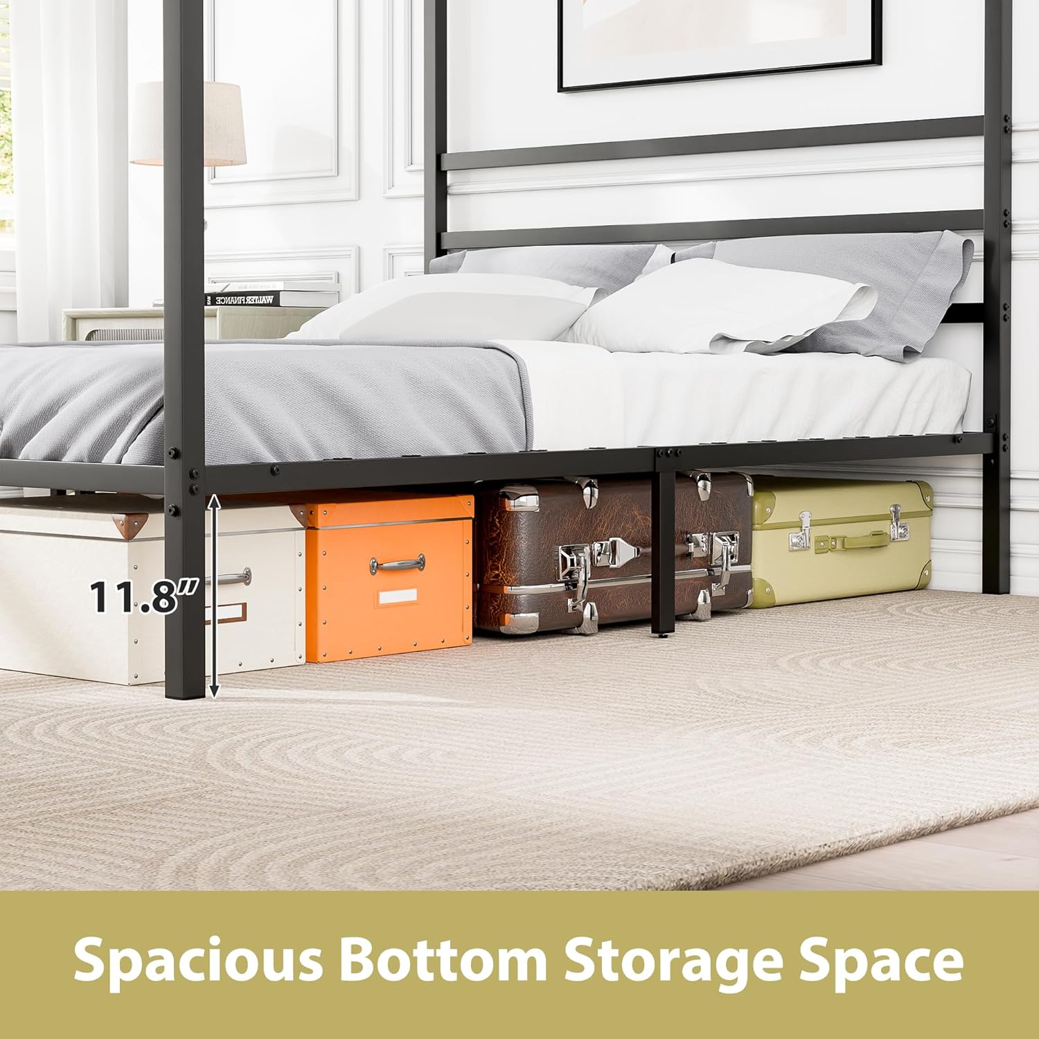 SUPER DEAL Queen Size Canopy Bed Frame, Metal Bedframe with Built-in Headboard Four Poster 14 Inch Platform Mattress Foundation Sturdy Slatted Structure No Box Spring Needed Easy Assembly, Black