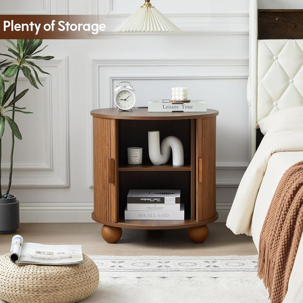 24" Fluted Round Nightstand Set of 2, Mid-Century Large Wooden End Table with Charging Station, Farmhouse Storage Side Table with Sliding Door for Bedroom Living Room (2XRound, Walnut)