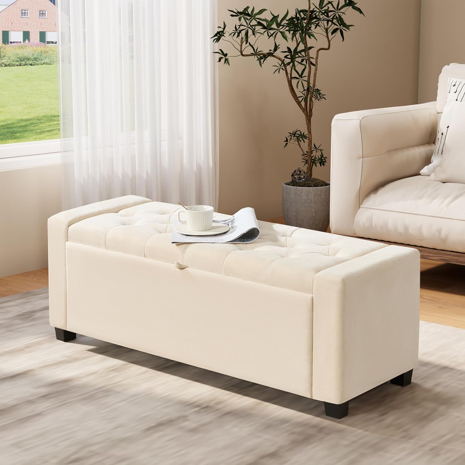 Royal Windsor Ottoman with Storage,Tufted Storage Bench with Safety Hinge,Holds up to 350 lb,Upholstered Bench with Seating for Bedroom, Living Room,Entryway,Linen Beige