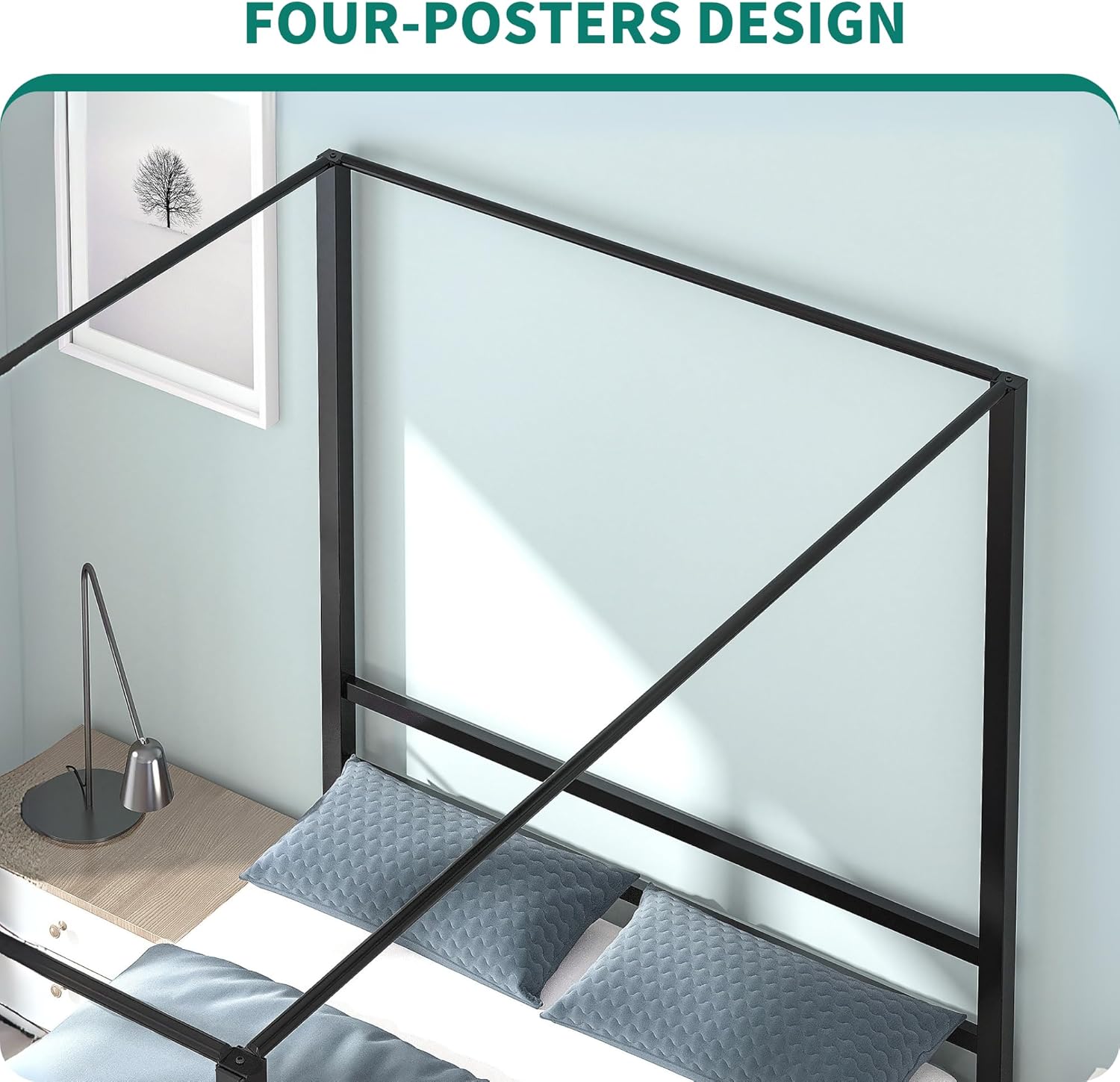 YITAHOME Canopy Bed Frame Metal Four Posters 14 Inch Platform with Built-in Headboard Strong Metal Slat Mattress Support, No Box Spring Needed, Black, Queen Size