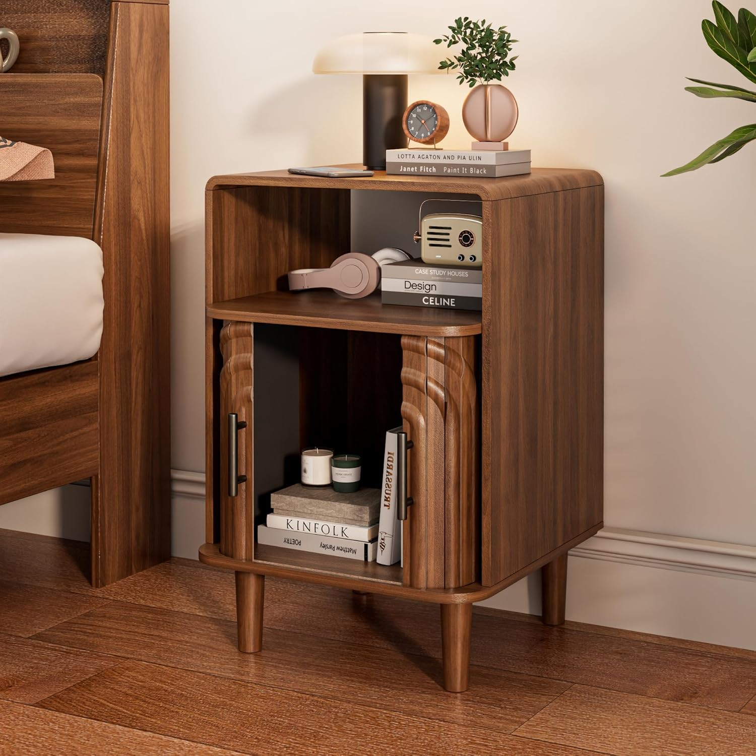 Mid Century Modern Nightstand Set of 2, Small Bedside Table with Door, Fluted Side Table, Vintage Night Stand with Storage, Rustic Wooden End Table, for Bedroom, Walnut, Dark Brown