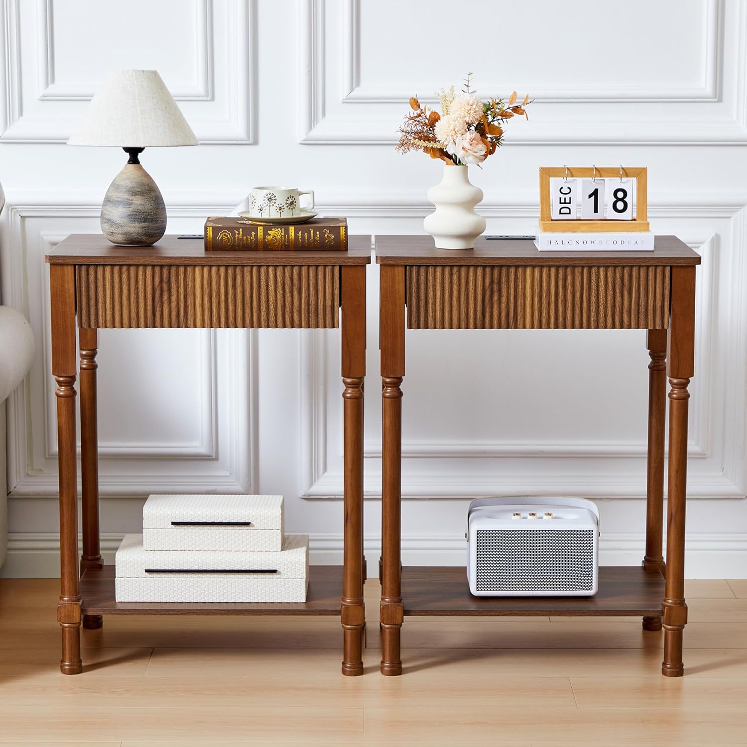 Fluted Nightstand Set of 2 with Charging Station, Modern Bed Side Table End Table with Drawer Storage, Large Wooden Night Stands Bedside for Bedroom Living Room Sofa Office, Walnut 2 Sets