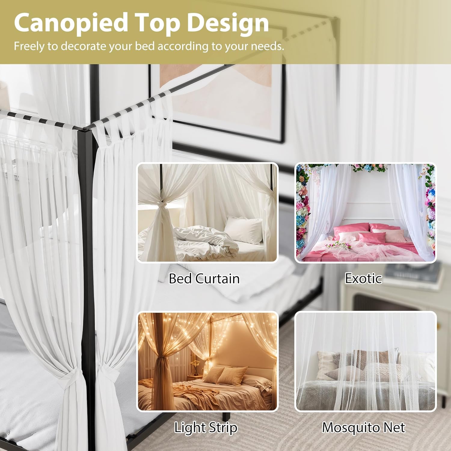 SUPER DEAL Queen Size Canopy Bed Frame, Metal Bedframe with Built-in Headboard Four Poster 14 Inch Platform Mattress Foundation Sturdy Slatted Structure No Box Spring Needed Easy Assembly, Black