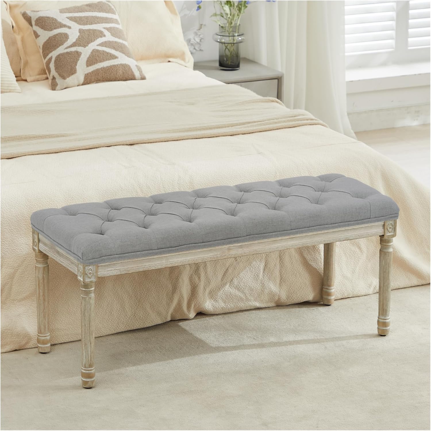 LOULENS French Vintage Bench, Linen Fabric Entryway Bench, Upholstered Tufted End of Bed Bench with Brushed Wood Legs, White