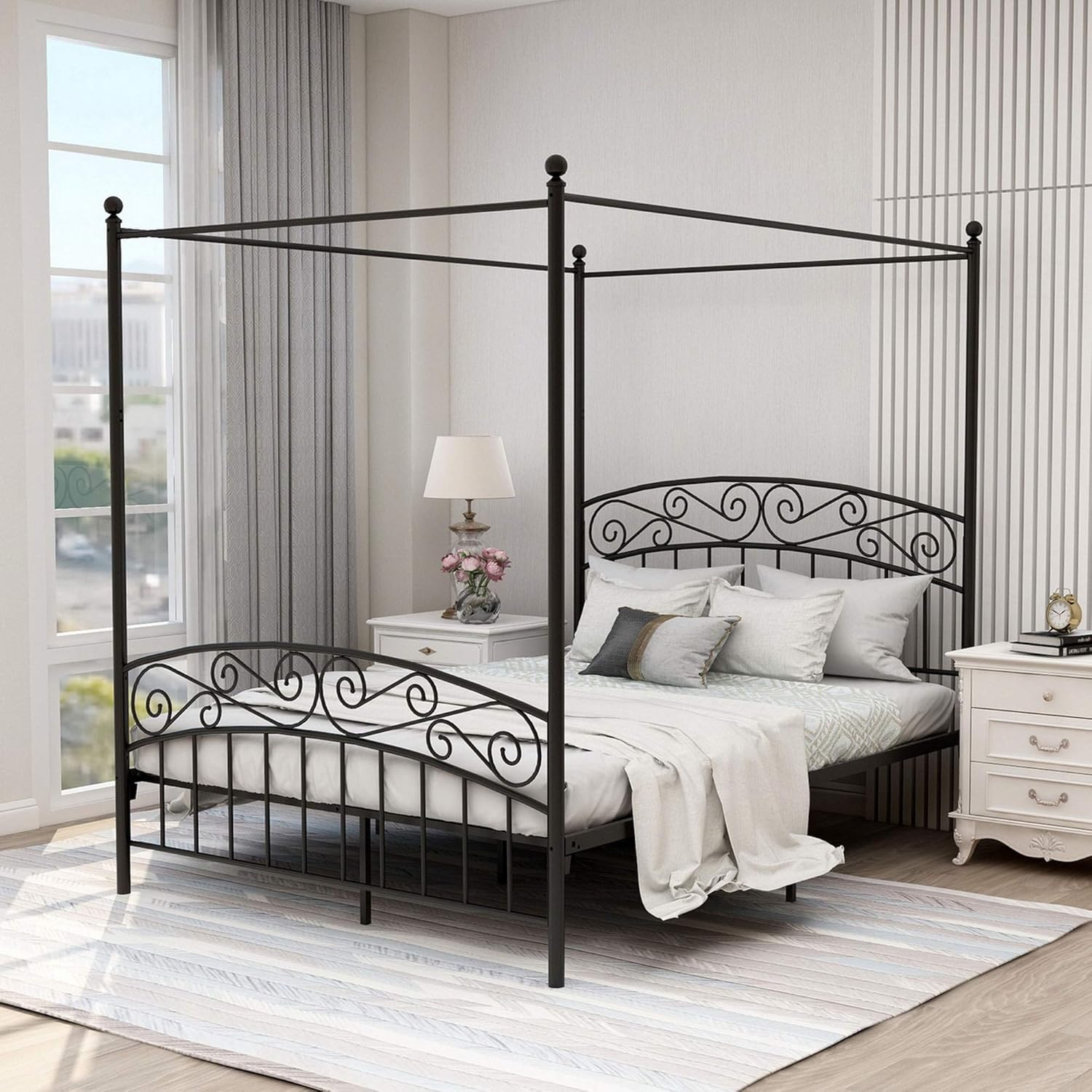 Queen Size Canopy Bed Frame Four-Poster Metal Platform Bed with Headboard and Footboard Sturdy Heavy Duty Steel Slat Support No Box Spring Needed White