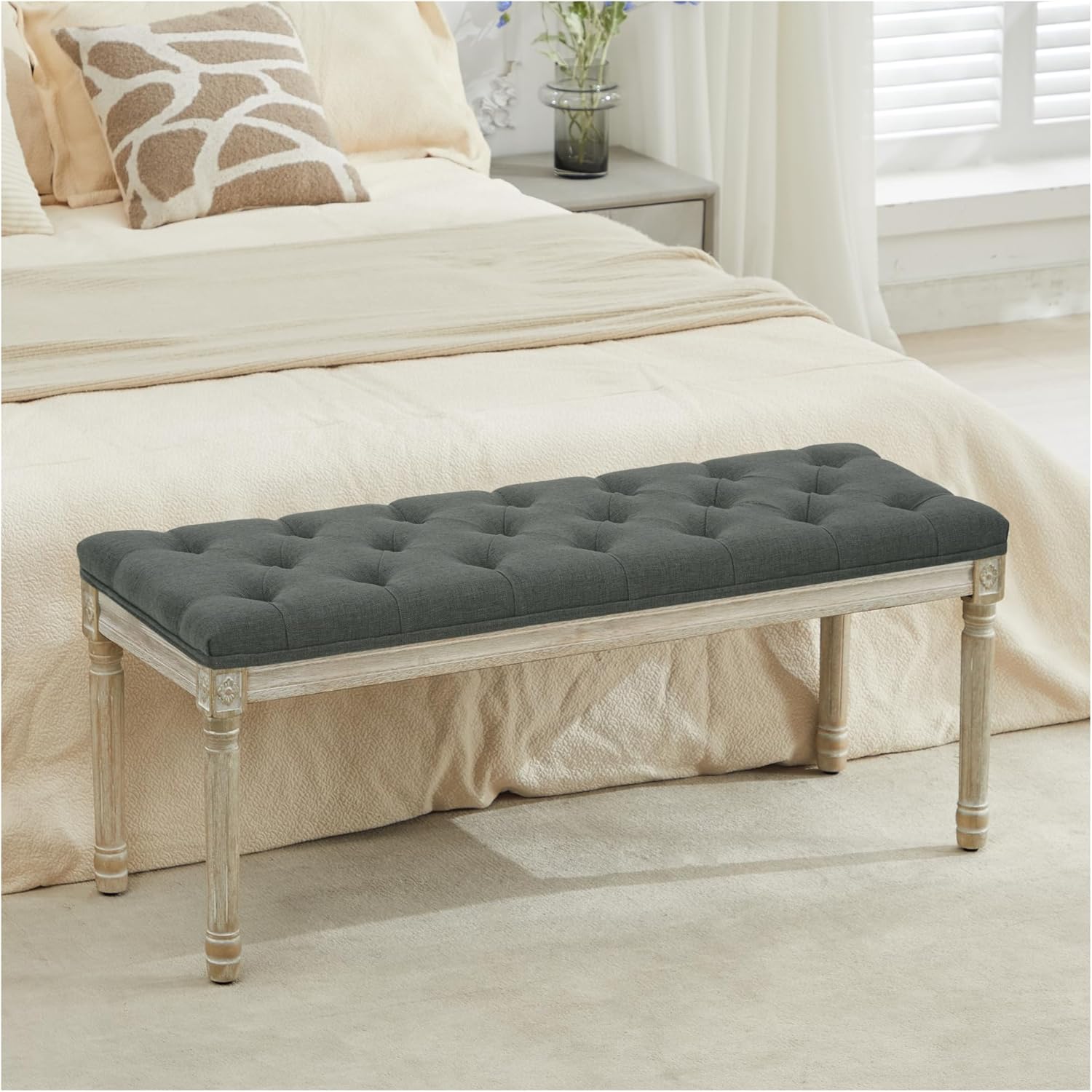 LOULENS French Vintage Bench, Linen Fabric Entryway Bench, Upholstered Tufted End of Bed Bench with Brushed Wood Legs, White