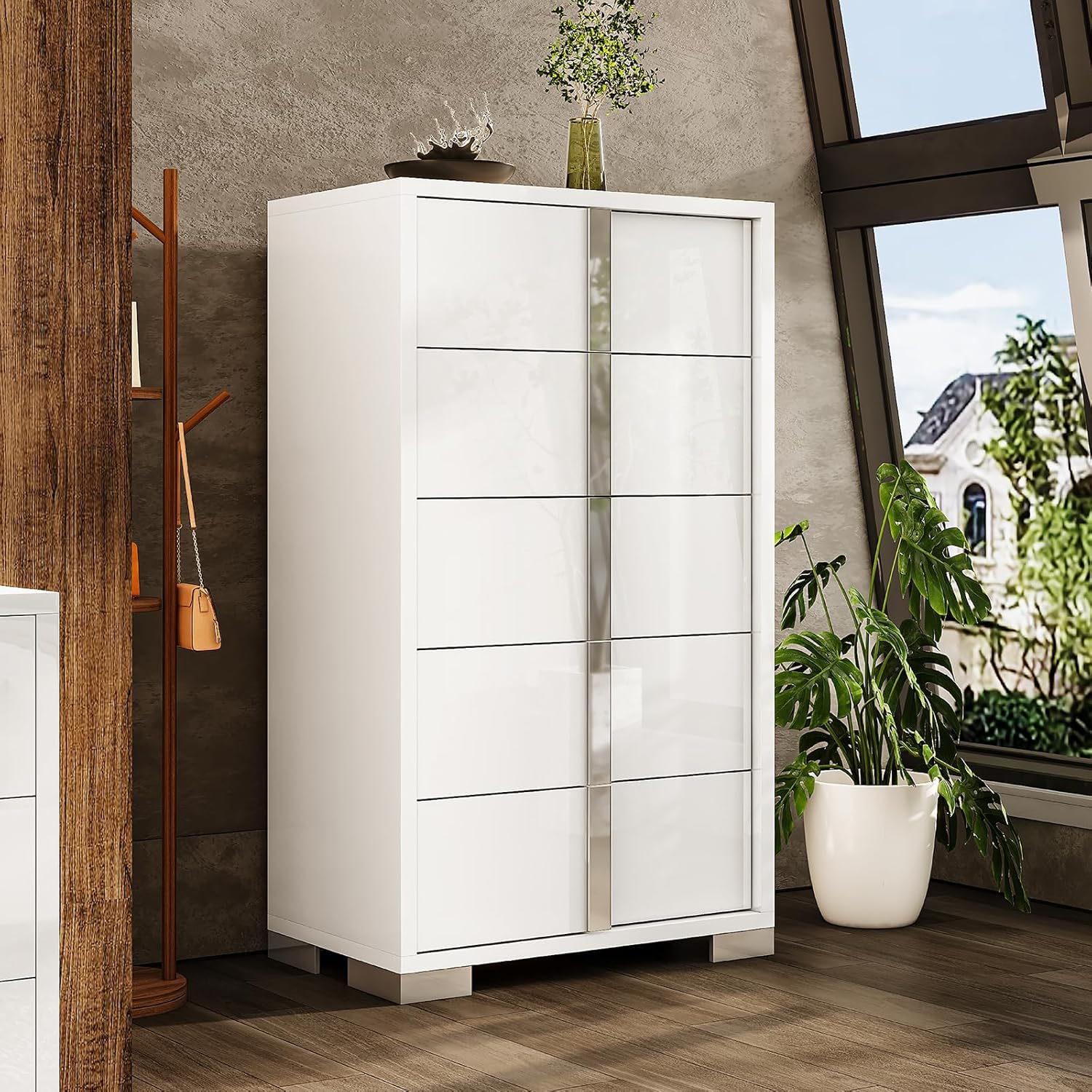 AMERLIFE 54" W High Gloss 6 Drawers Dressers with Silver Grooved Handles, Modern Storage Chest of Drawers with Wide Tabletop, for Bedroom/Dressing Room/Living Room, White