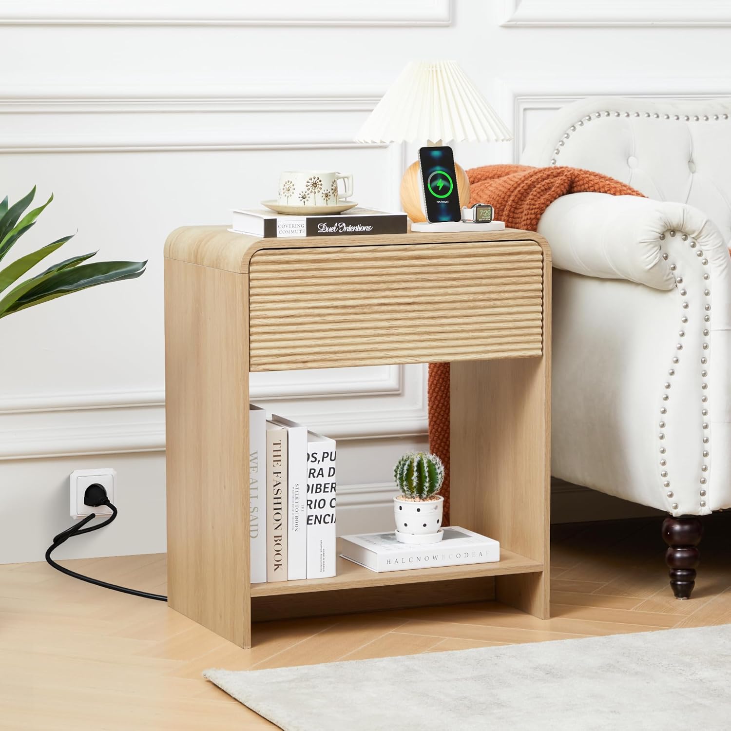 Fluted Nightstand Set of 2 with Charging Station, Modern Bed Side Table End Table with Drawer Storage, Large Wooden Night Stands Bedside for Bedroom Living Room Sofa Office, Walnut 2 Sets