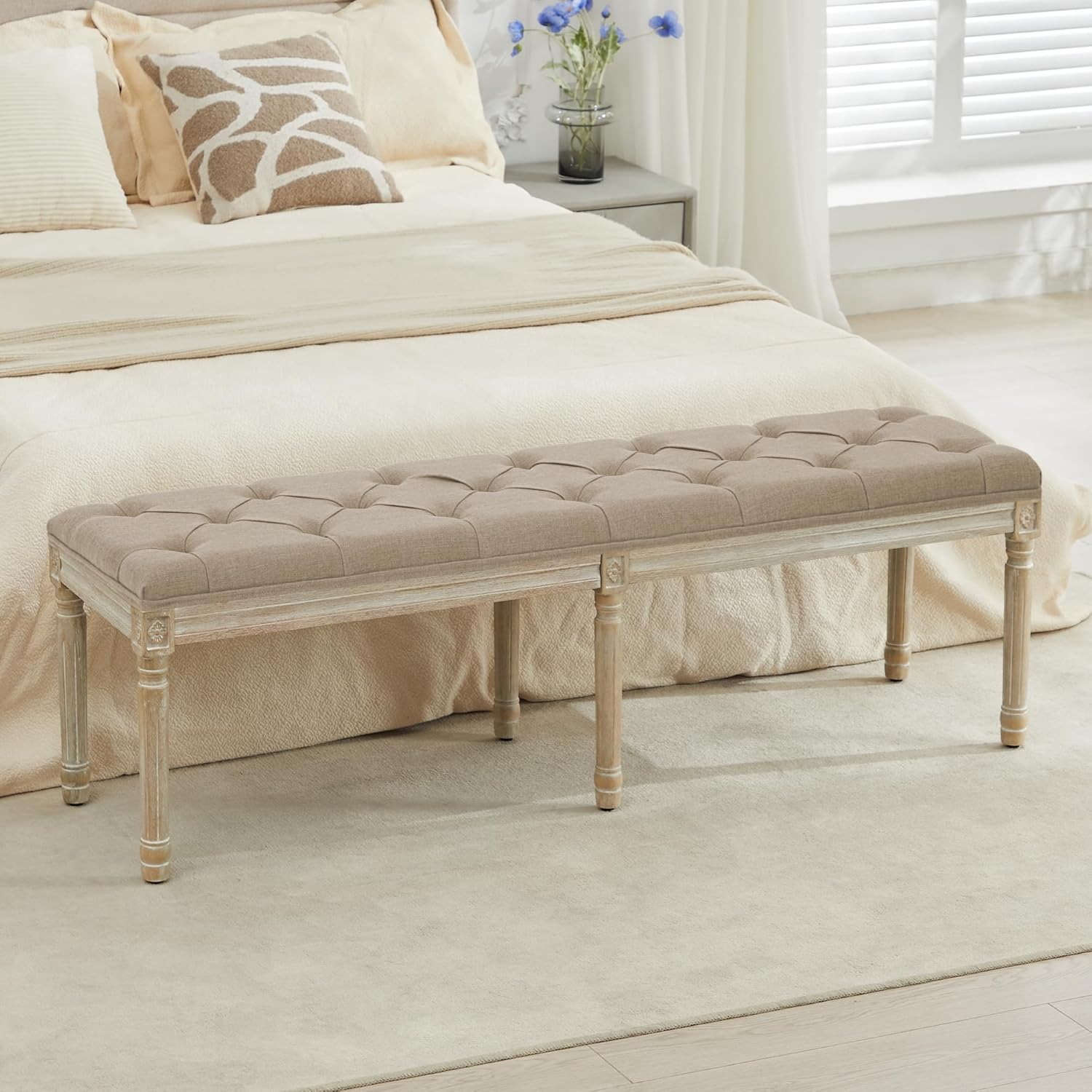 LOULENS French Vintage Bench, Linen Fabric Entryway Bench, Upholstered Tufted End of Bed Bench with Brushed Wood Legs, White
