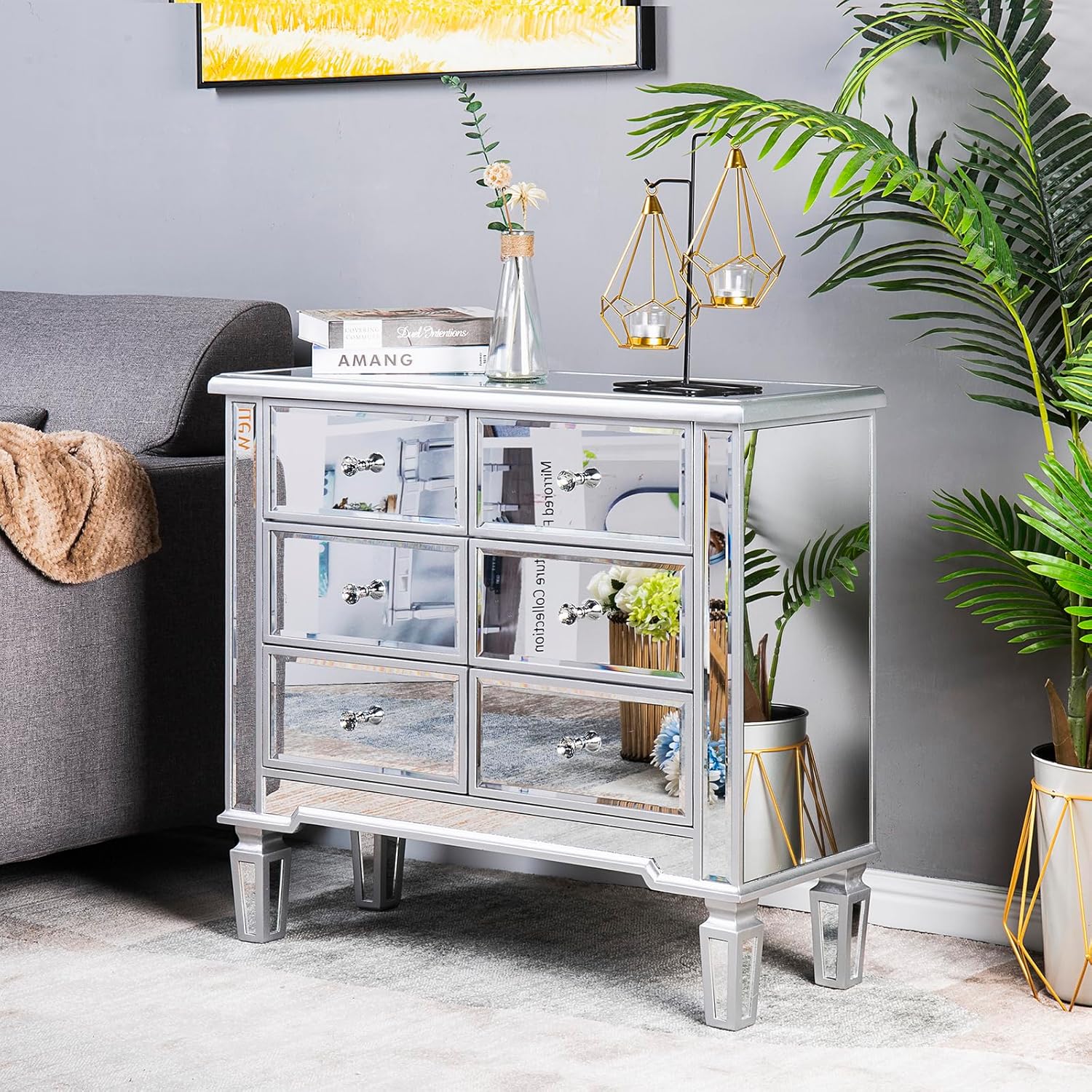 Bonnlo Mirrored Dresser 6 Mirror Drawers, Mirrored Cabinet, Glass Mirror Dresser for Bedroom, Modern Chest of Drawers, Silver, 32”L x 12”W x 28”H
