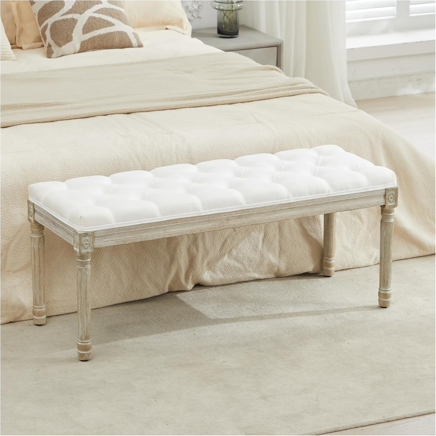 LOULENS French Vintage Bench, Linen Fabric Entryway Bench, Upholstered Tufted End of Bed Bench with Brushed Wood Legs, White