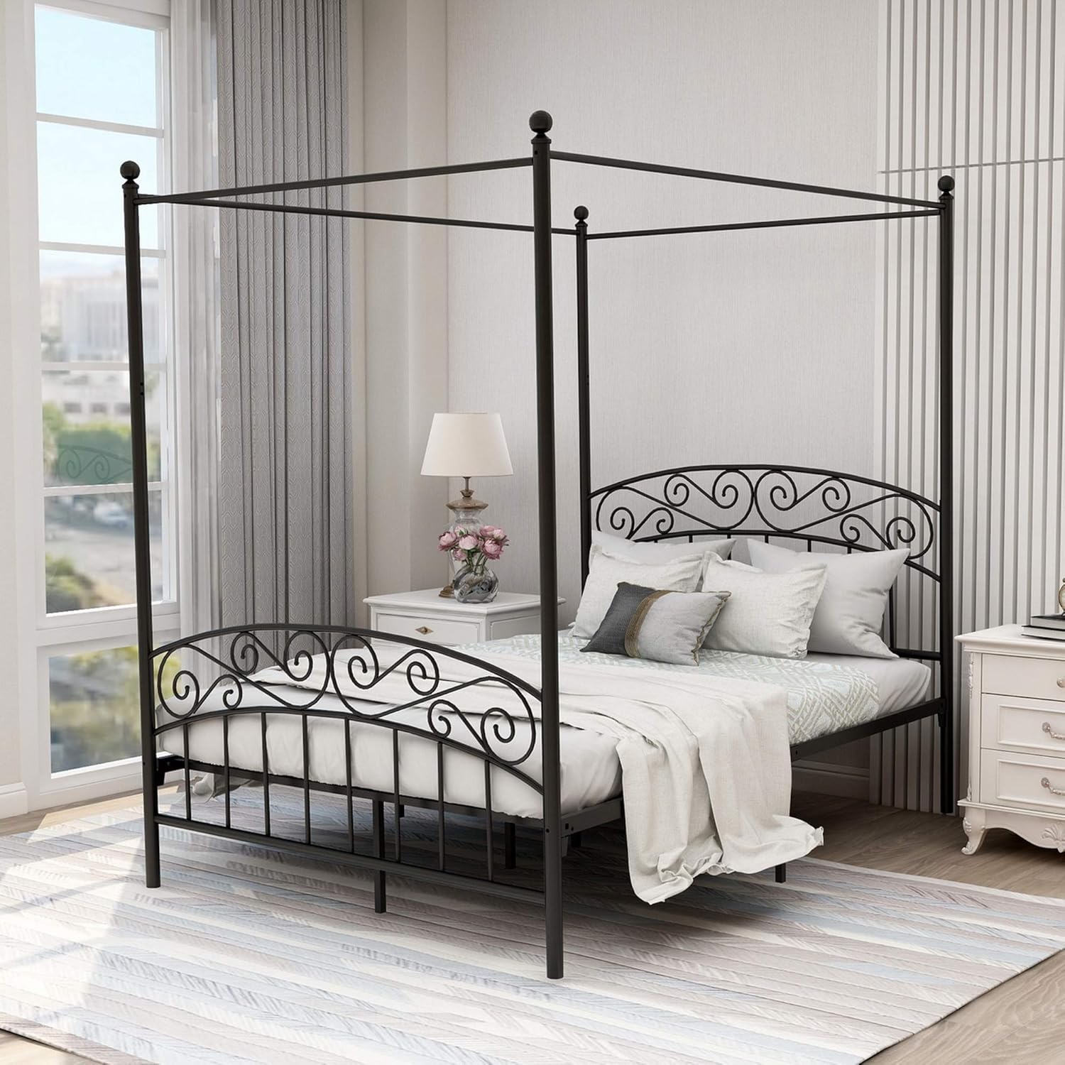 Queen Size Canopy Bed Frame Four-Poster Metal Platform Bed with Headboard and Footboard Sturdy Heavy Duty Steel Slat Support No Box Spring Needed White