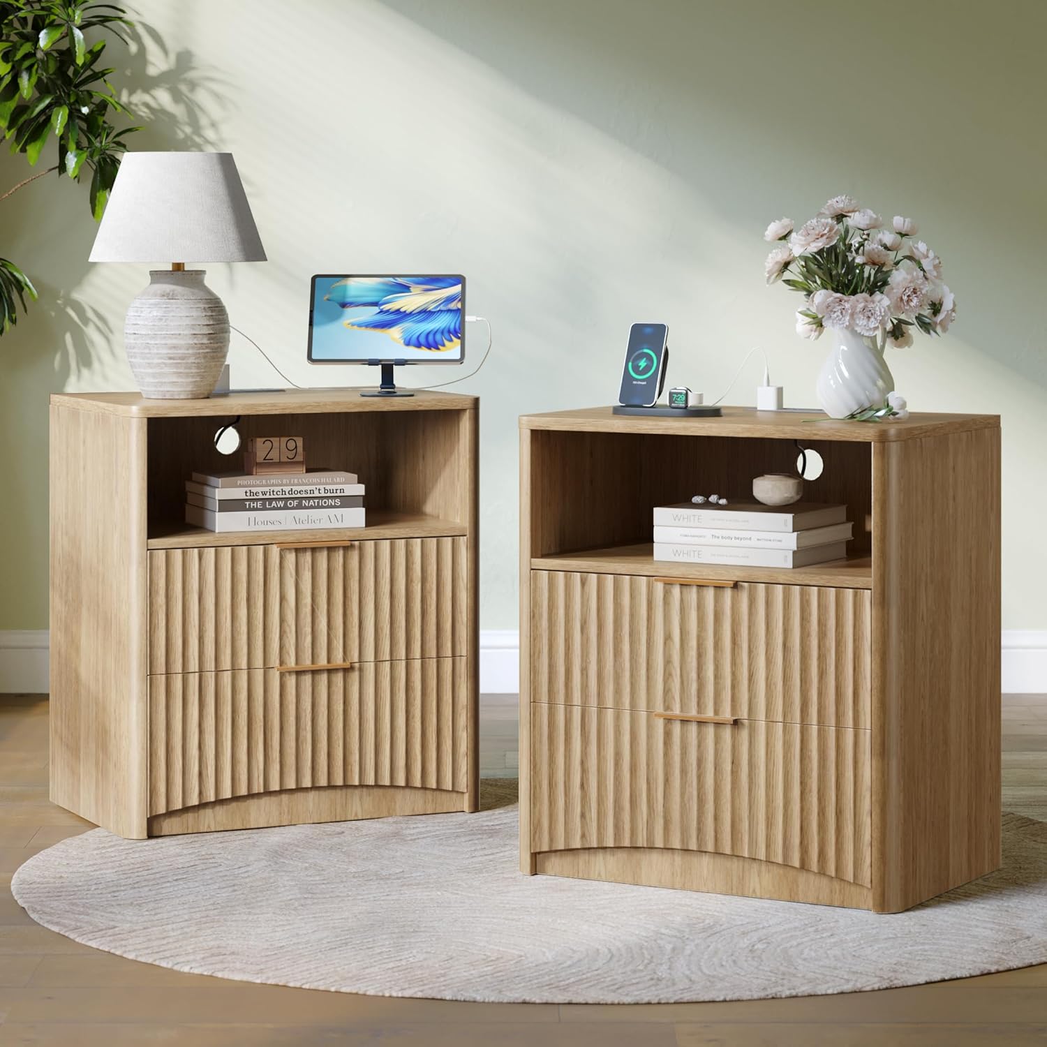 Evermagin Fluted Nightstand Set of 2, Walnut Bedside Table with Drawer and Storage, Wood End Table Mid Century Modern, Large Night Stand for Bedroom