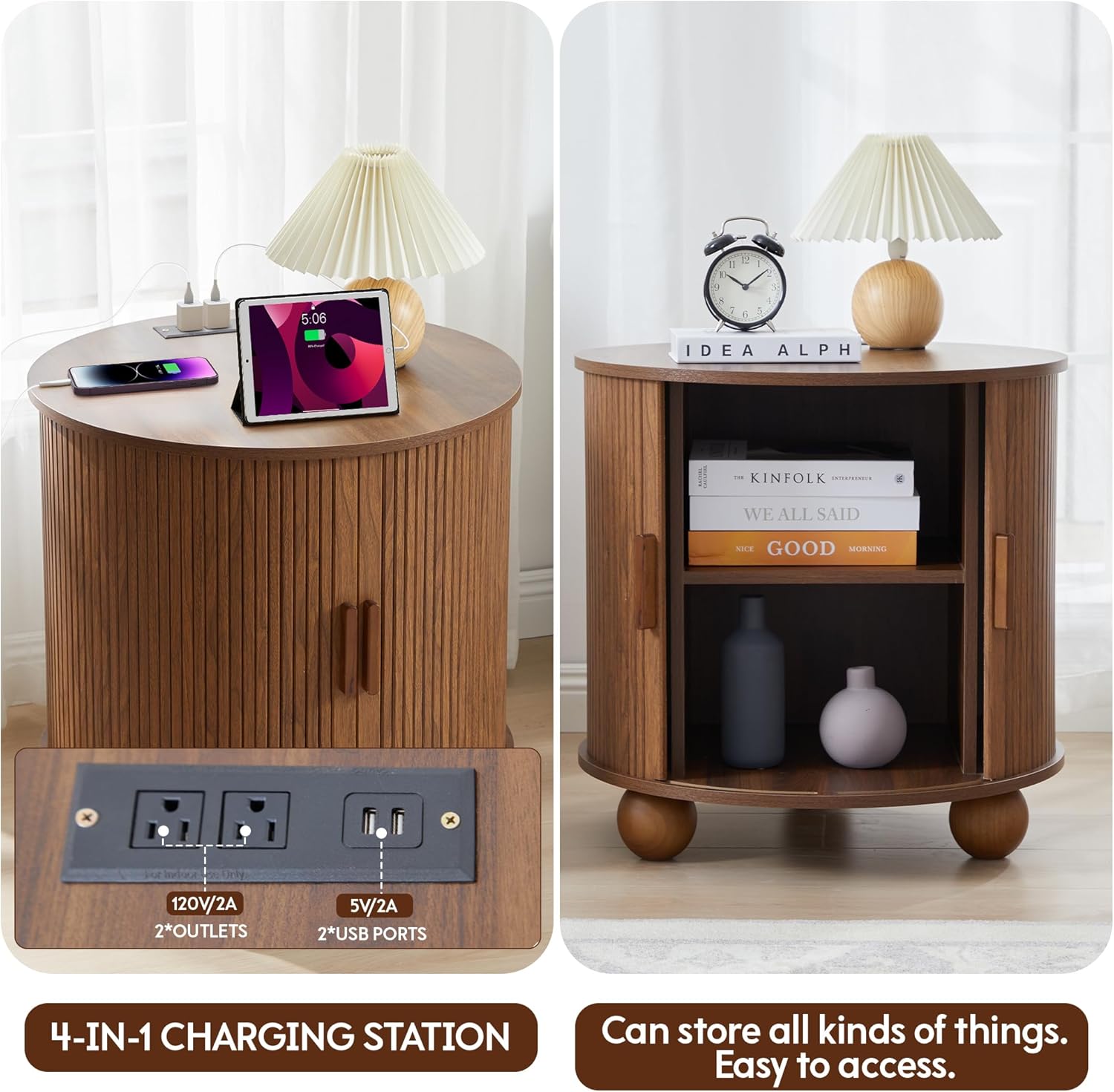 24" Fluted Round Nightstand Set of 2, Mid-Century Large Wooden End Table with Charging Station, Farmhouse Storage Side Table with Sliding Door for Bedroom Living Room (2XRound, Walnut)