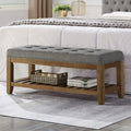 24KF Large Rectangular Upholstered Tufted Linen Fabric Ottoman Bench, Padded Bench with Solid Wood Shelf-Linen