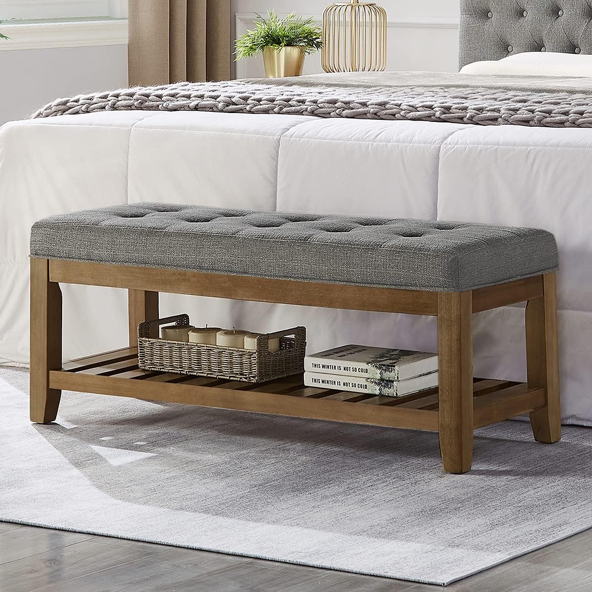 24KF Large Rectangular Upholstered Tufted Linen Fabric Ottoman Bench, Padded Bench with Solid Wood Shelf-Linen