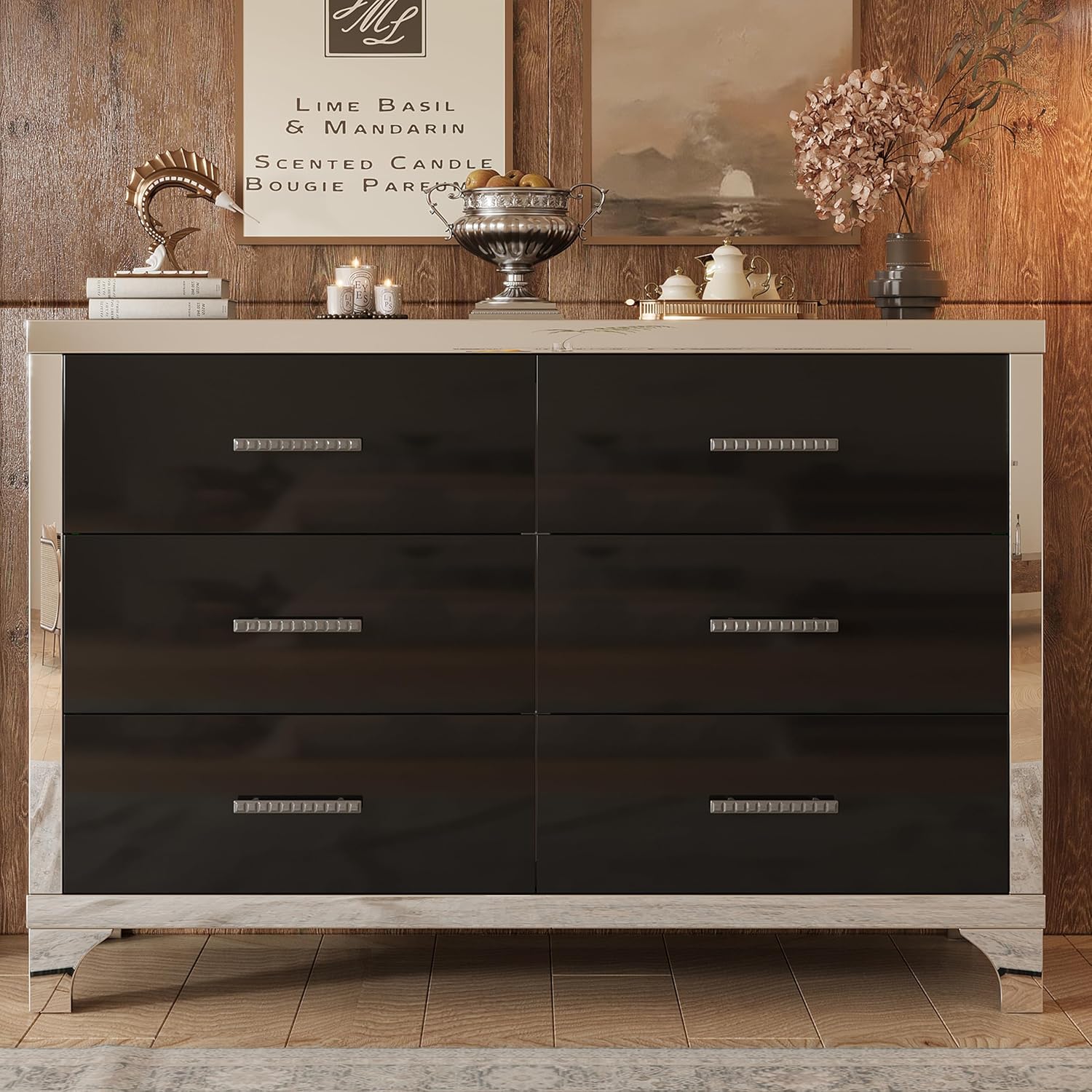 Knocbel Mirrored Storage Dresser with 6 Drawers, Elegant High Gloss Chest Cabinet with Metal Handle for Living Room Entryway 15.7" D x 47.2" W x 31.4" H Black